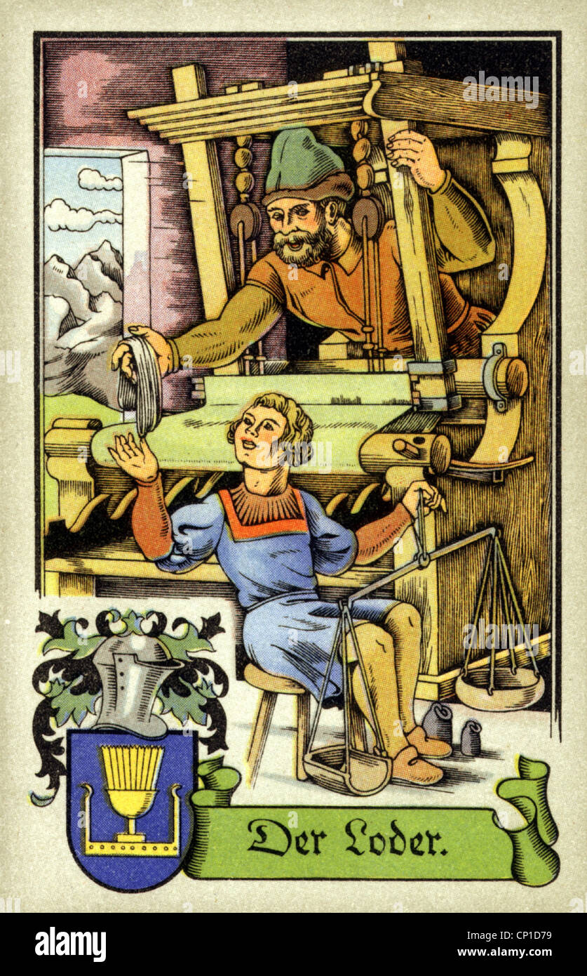 people, professions, Loden weaver, circa 1575, colour print, cigarette card, Tengelmann, Muehlheim/Ruhr, 1934, , Additional-Rights-Clearences-Not Available Stock Photo