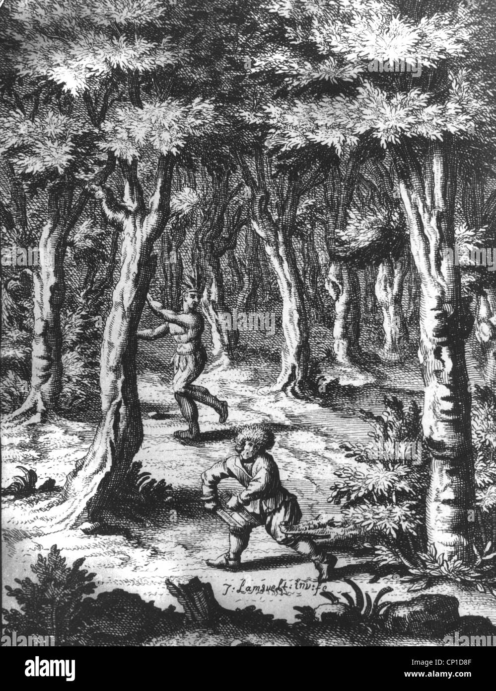 SG hist., navigation, bucaneer/pirate, pirate is being attacked by a crocodile, a native man is fleeing, Florida, contemporary copper engraving, mid 17th century, buccaneer, sabre, sabres, holding knife, flight, attack, biting leg, bite, scream, screaming, forest, forests, wood, woods, historic, historical, people, Additional-Rights-Clearences-Not Available Stock Photo