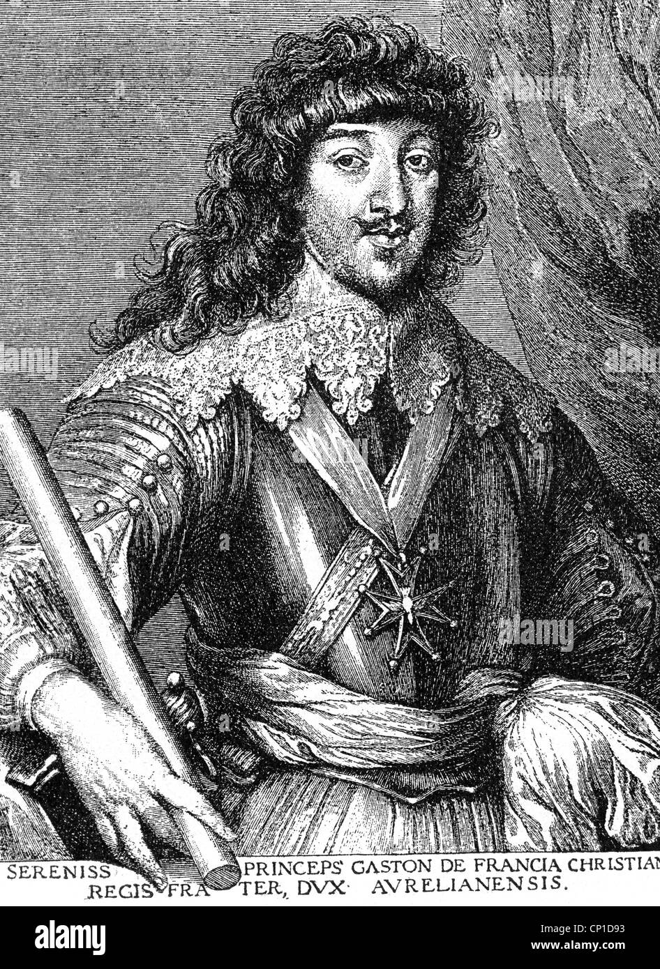 Gaston, 25.4.1608 - 2.2.1660, Duke of Orleans 1626 - 1660, half length, copper engraving based on painting by Anton Van Dyck, 17th century, with signature, Bourbon, 3rd son of King Henry IV of France, brother of King Louis XIII, Duke of Anjou, Count of Blois, general, nominal commander of the army for the siege of La Rochelle 1628, Artist's Copyright has not to be cleared Stock Photo