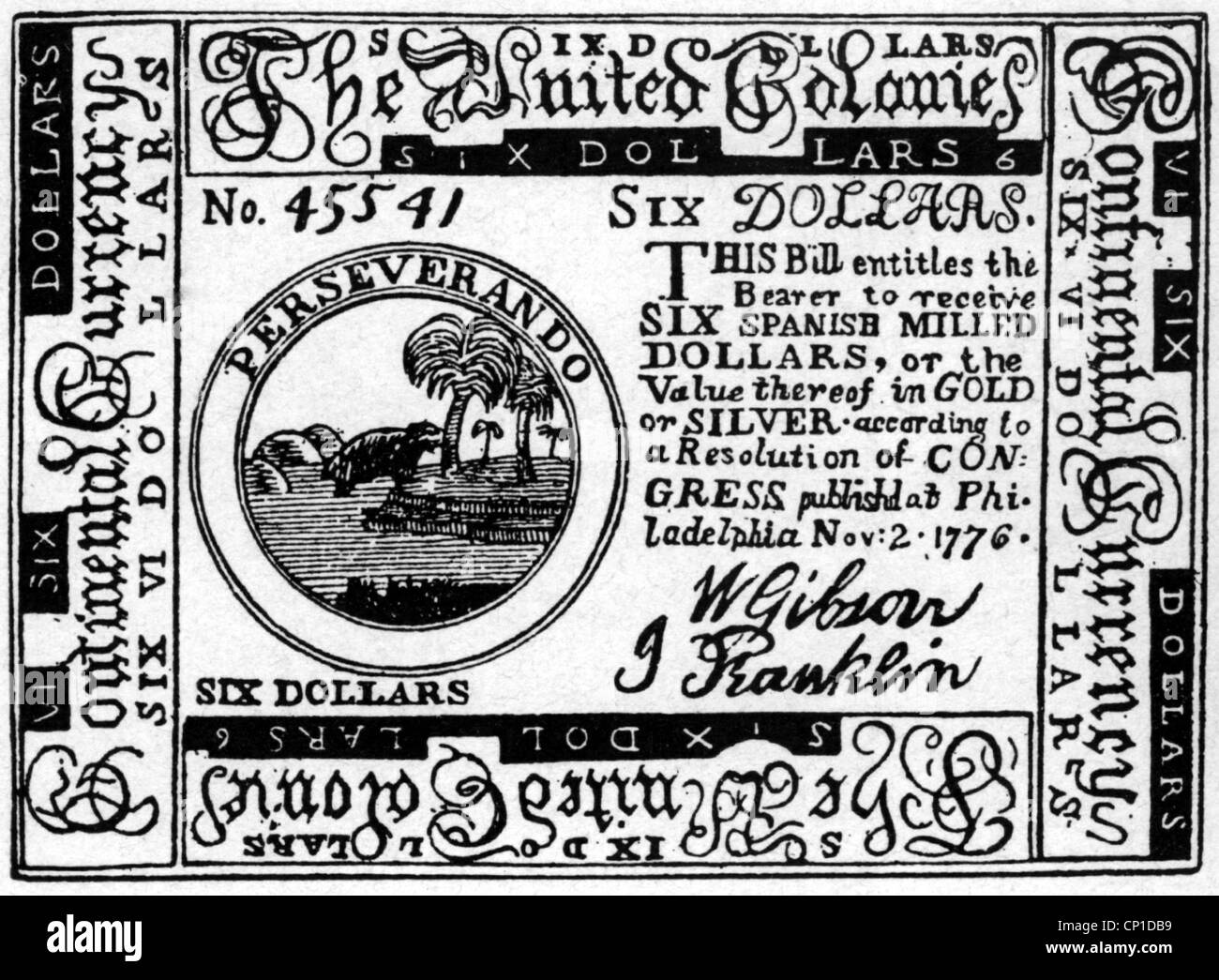 money / finance, bank notes, USA, 6 dollar bank note of the United Colonies, Philadelphia, wood engraving after drawing, 2.11.1776, Additional-Rights-Clearences-Not Available Stock Photo