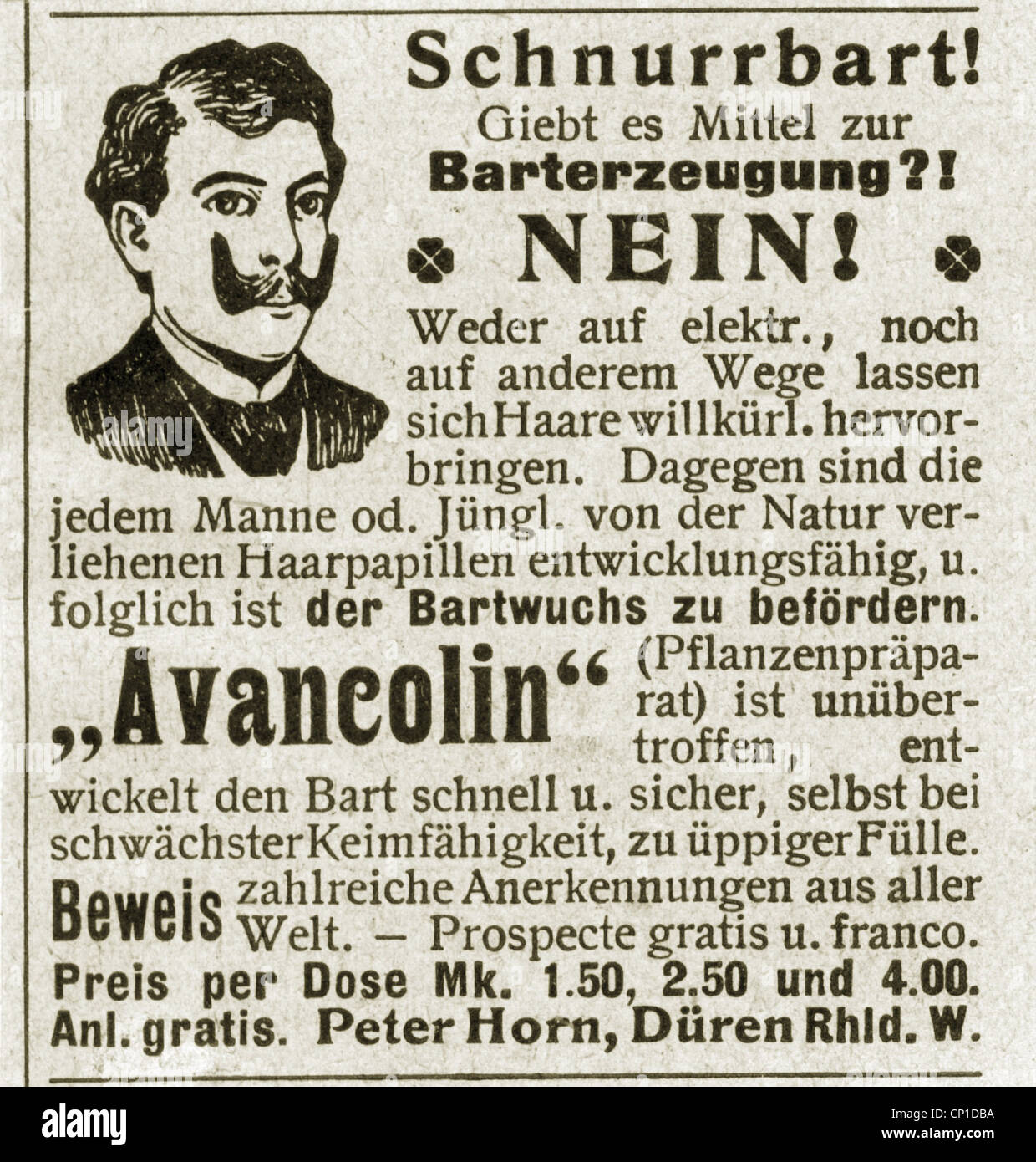 advertising, cosmetics, advertisement, beard hair growth tonic "Avancolin", by Peter Horn, Dueren, Germany, "Die Woche", No. 45, 30.11.1901, Additional-Rights-Clearences-Not Available Stock Photo
