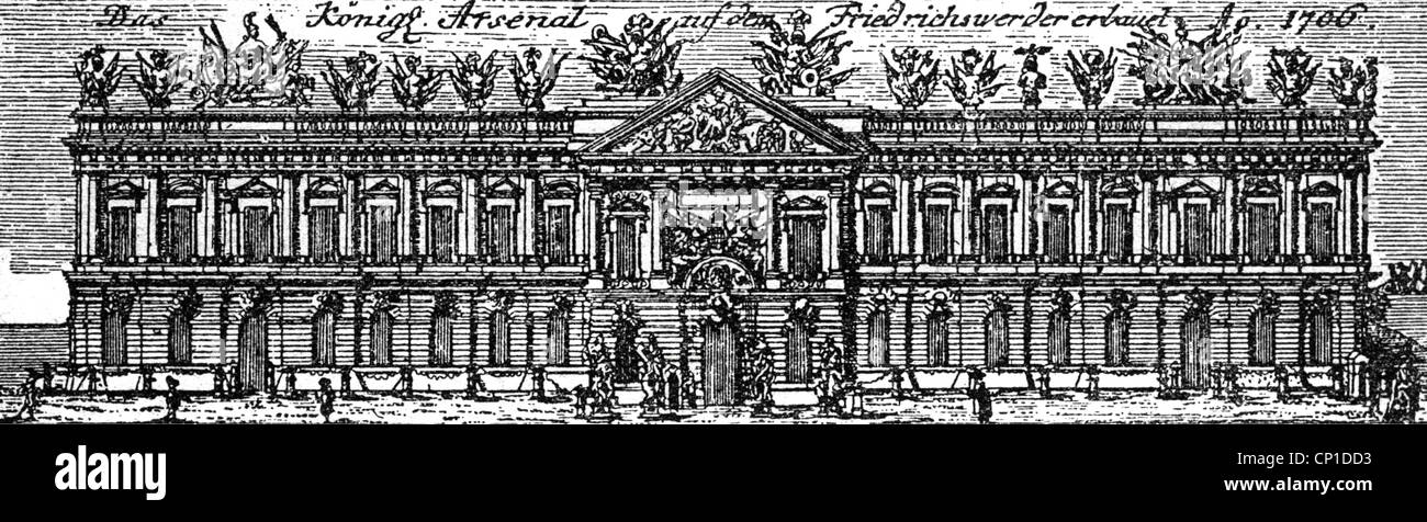 geography / travel, Germany, Berlin, armoury, built: 1695 - 1729 under king Frederick I of Prussia, exterior view, copper engraving, early 18th century, historic, historical, armory, armouries, armories, built by Johann Arnold Nehrung after plans by Nicolas Francois Blondel, Martin Gruenberg, Andreas Schlueter, Jean de Dodt, facade 1706, Additional-Rights-Clearences-Not Available Stock Photo