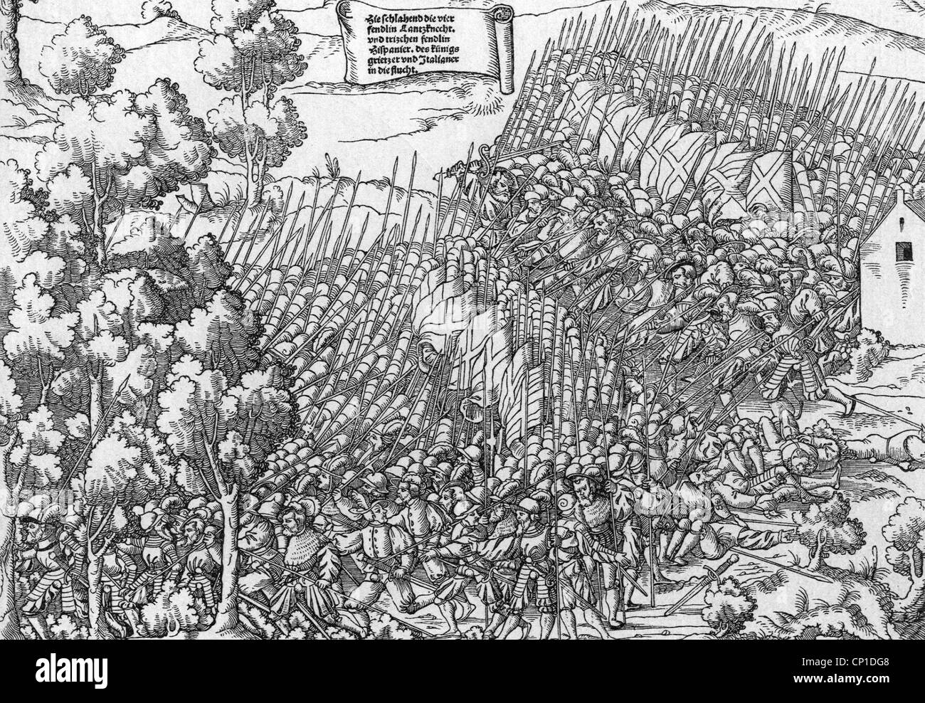 military, landsknechts, German landsknechts fighting against swiss soldiers, scene from the Battle of Cerisole, 15.4.1544, woodcut by Hans Schaeufelin the Younger, 1582, victory of the French under Francis of Bourbon against the Imperial habsburg troops under the Marquis del Vasto, war, France, Italy, Switzerland, mercenaries, infantry, weapons, lances, pikes, flags, dead, killed, 16th century, historic, historical, Schaufelin, Schäufelin, people, Additional-Rights-Clearences-Not Available Stock Photo