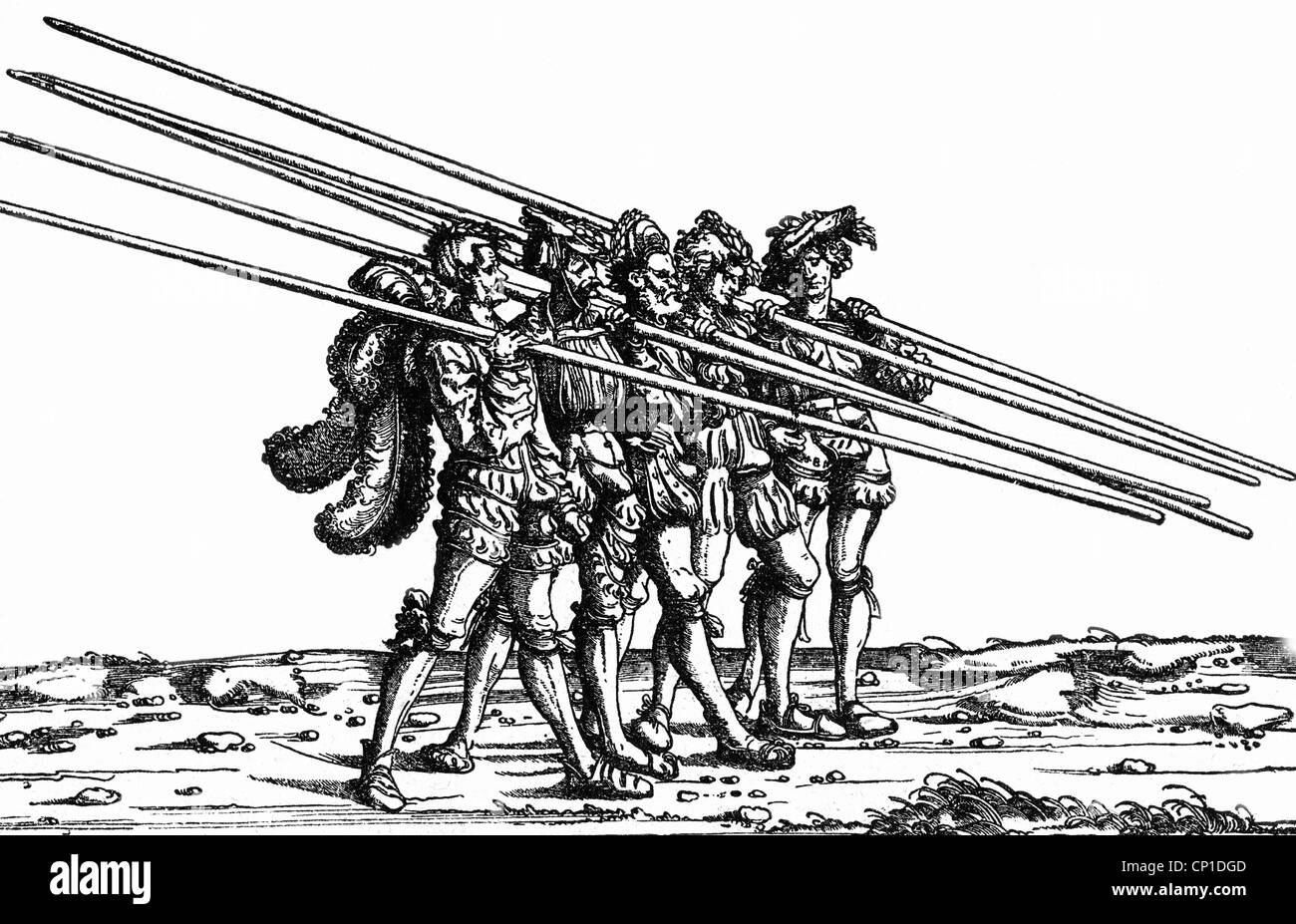 military, Landsknechts, pikemen on the march, woodcut by Hans Burgkmair (1473 - 1531), from the 'Triumph of Maximilian', Additional-Rights-Clearences-Not Available Stock Photo