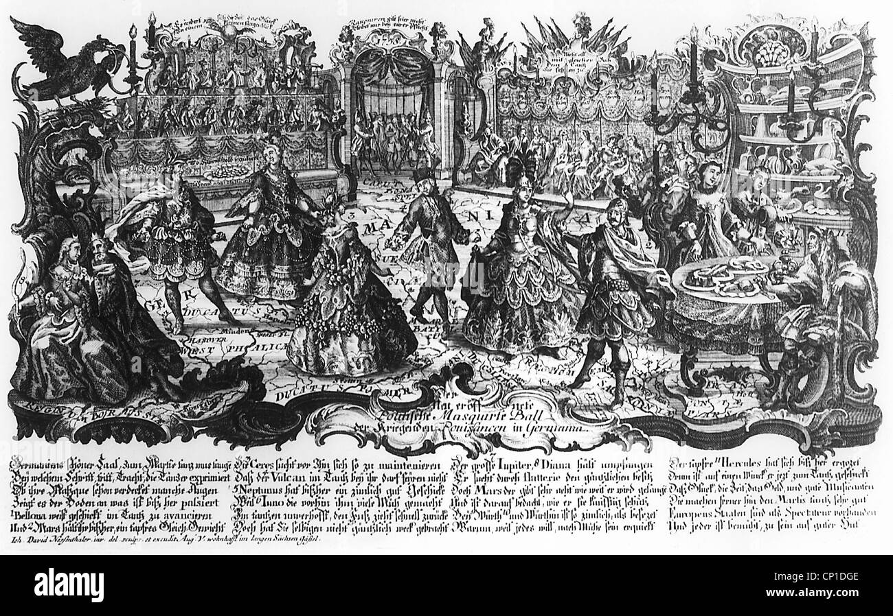 events, Seven Years' War (Third Silesian War) 1756-1763, caricature 'The re-opened political mask ball of the Poissancen in Germania', etching by Johann David Nessenthaler, Augsburg, Germany, 1757, Additional-Rights-Clearences-Not Available Stock Photo