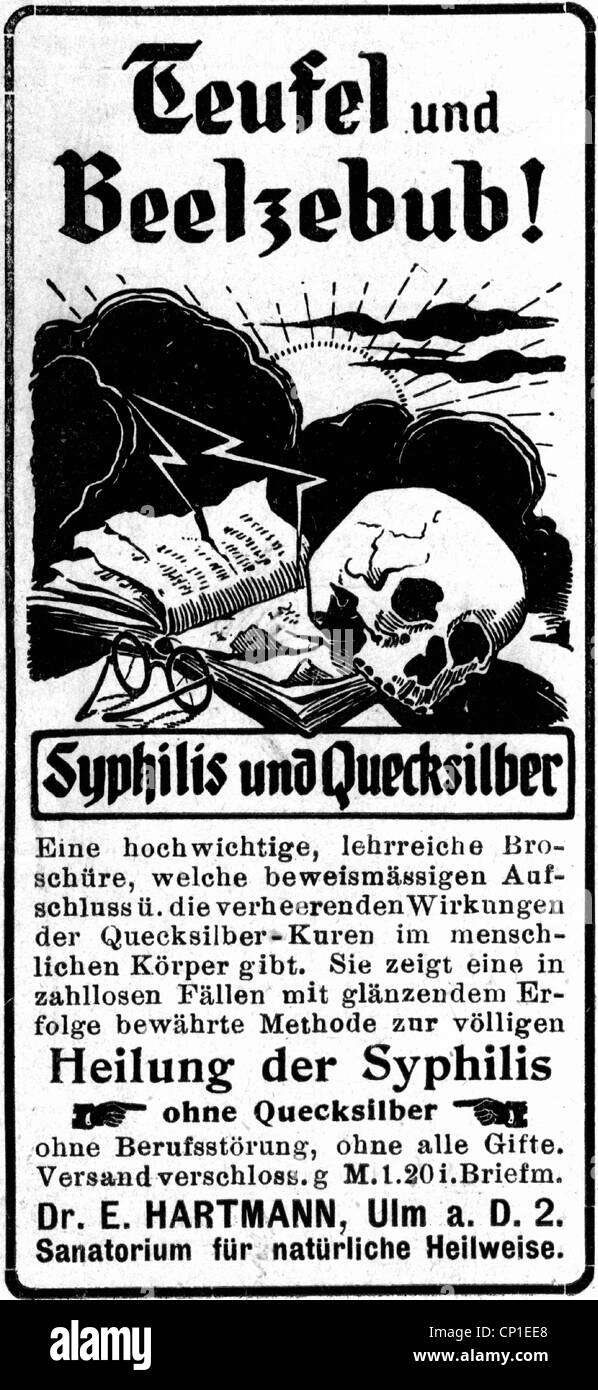 medicine, sexually transmitted disease, Syphilis, treatment without quicksilver, advertisement 'Teufel und Belzebub', by Dr. E. Hartmann, Sanatorium for natural cure, Ulm, 'Simplicissimus', 1910, Additional-Rights-Clearences-Not Available Stock Photo