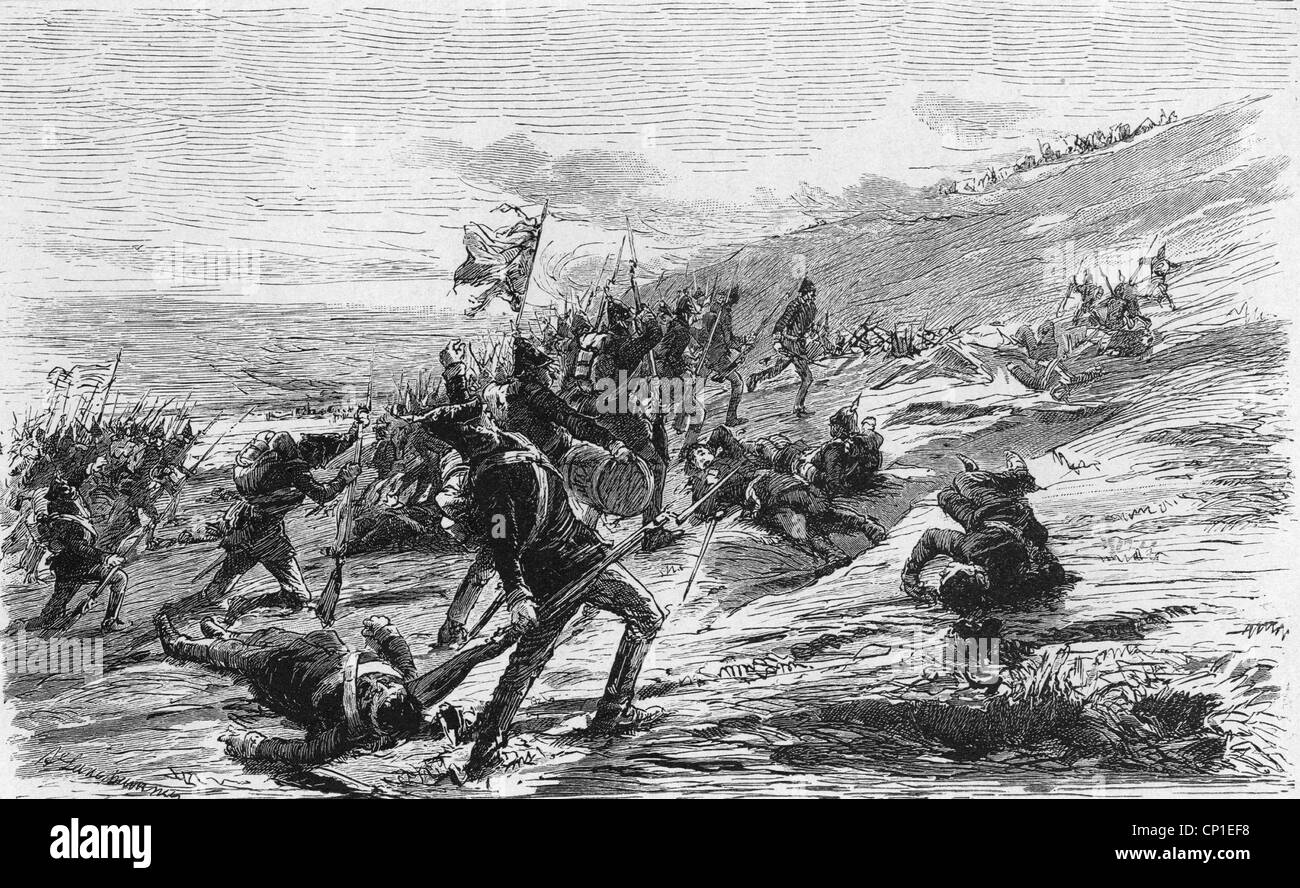 First Schleswig War, 1848 - 1851, Prussian troops charge Danevirke, 23.4.1848, contemporary wood engraving, General Friedrich Graf Wrangel, Denmark, Dannevirke, battles, fights, fortifications, fortification, Germany, Schleswig-Holstein Question, Holstein, intervention, interventions, military, battle, battling, fight, fighting, assaults, assault, attack, attacking, charge, charging, historic, historical, 19th century, people, Additional-Rights-Clearences-Not Available Stock Photo