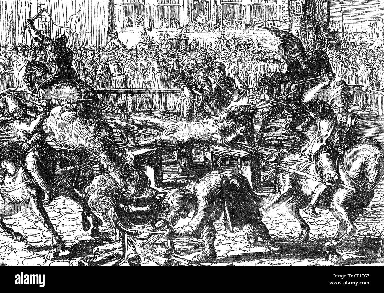 Ravaillac, Francois, 1578 - 27.5.1610, French murderer, death, execution at Place de Greve, Paris, copper engraving, 17th century, Artist's Copyright has ...