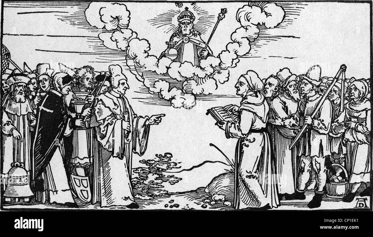events, Protestant Reformation, 1517 - 1555, flyer, 'The true and the false apostles of Christ', woodcut by Albrecht Duerer (1471 - 1528), Artist's Copyright has not to be cleared Stock Photo