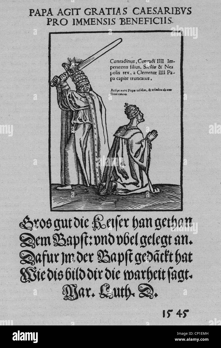 events, Protestant Reformation, 1517 - 1555, flyer, satire, 'Papa agit gratias caesaribus pro immensis beneficiis' (The pope acts gratefully for the immense benefits he receives from the emperor), text by Martin Luther, woodcut by Lucas Cranach, 1545, Additional-Rights-Clearences-Not Available Stock Photo