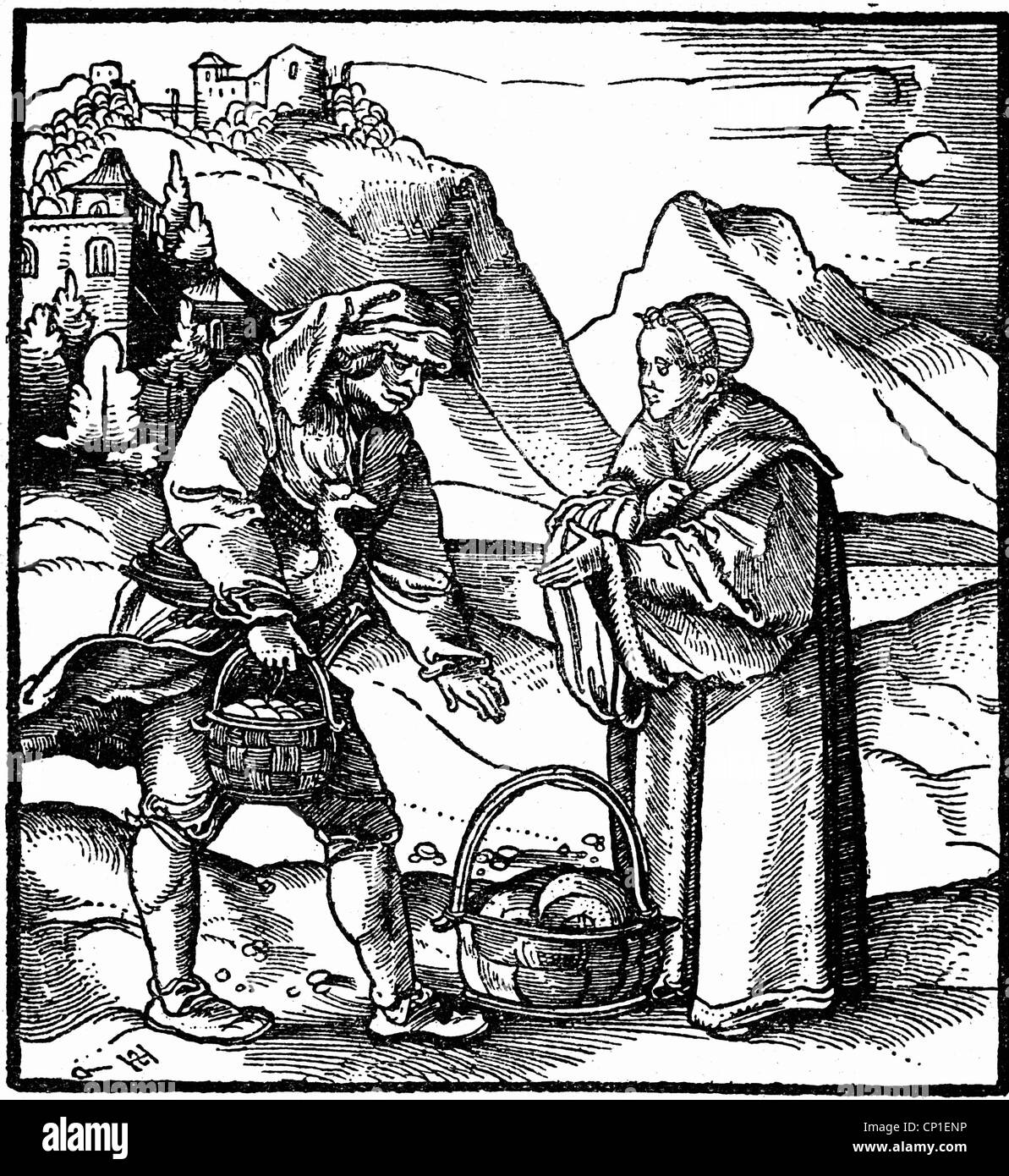 money, taxes, tithe, peasant deliverering bread, eggs and poltry to a monastary, woodcut by Hans Leonhard Schaufelin, Germany, 1517, Additional-Rights-Clearences-Not Available Stock Photo