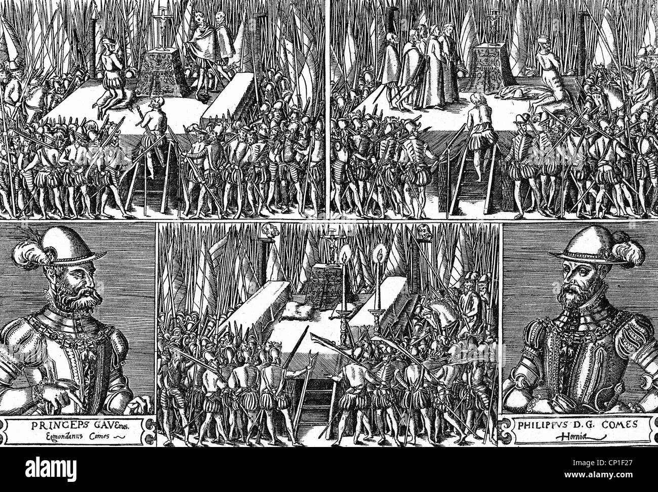 events, Eighty Years' War, 1568 - 1648, execution of the Counts of Egmond and Hoorn, Brussels, 5.6.1568, contemporary copper, with pictures, Lamoral, Count of Egmont, Philippe de Montmorency, Count of Horn, Spanish Netherlands, uprising, revolt, governor Fernando da Toledo, Duke of Alba, Belgium, Hoorne, 16th century, historic, historical, soldiers, place of execution, beheading, decapitating, decapitator, decapitators, executioner, executioners, headsman, headsmen, picture, people, 17th century, Additional-Rights-Clearences-Not Available Stock Photo