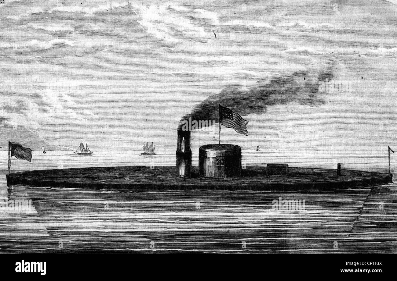 geography / travel, United States of America, American Civil War 1861 - 1865, naval warfare, USS 'Monitor', ironclad of the US Navy, 1862, wood engraving, 19th century, , Additional-Rights-Clearences-Not Available Stock Photo