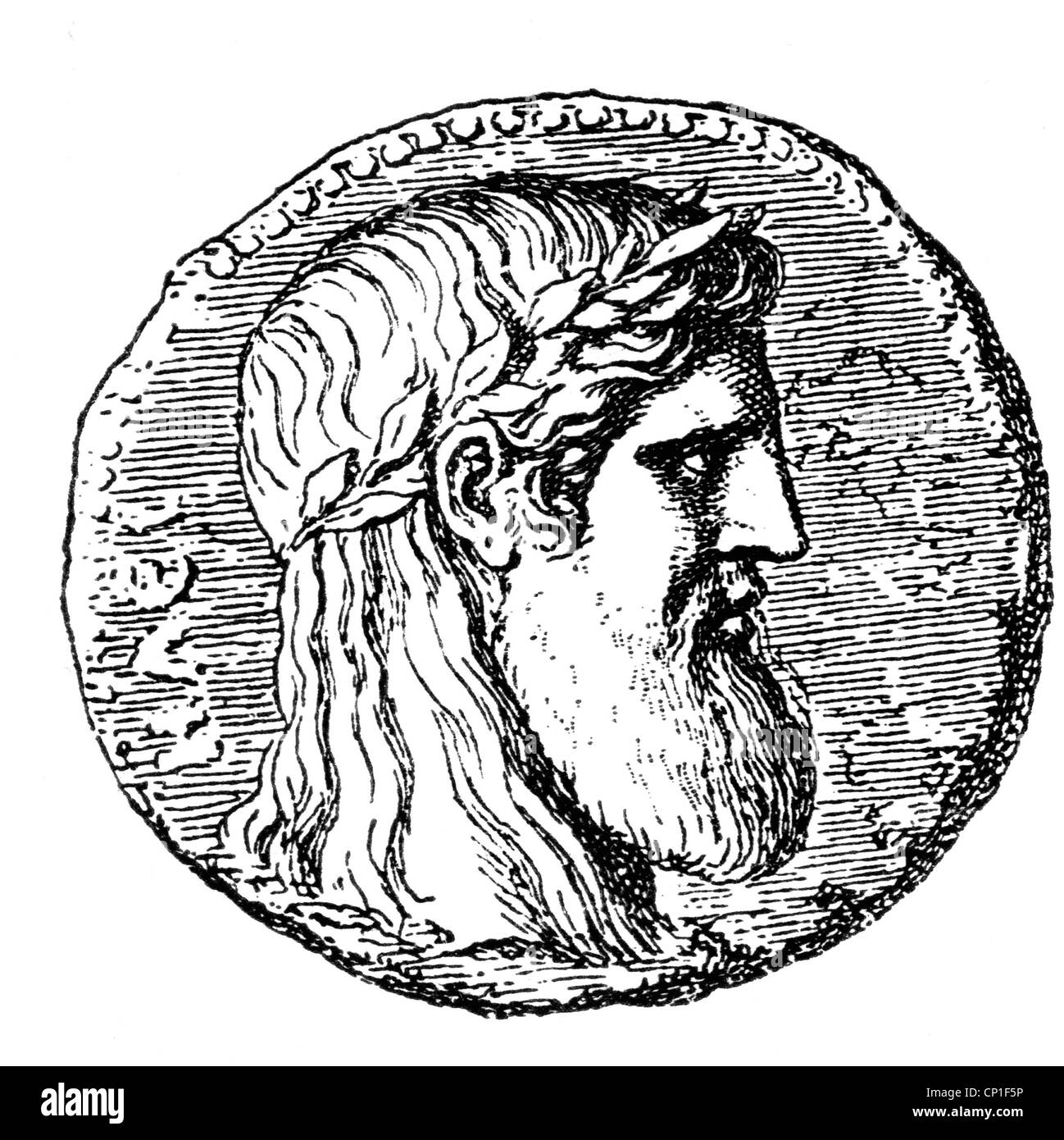 Zeus (Latin: Jupiter), Greek 'divine king', leader of gods, god of sky and thunder, portrait, wood engraving, 19th century, after coin, Stock Photo