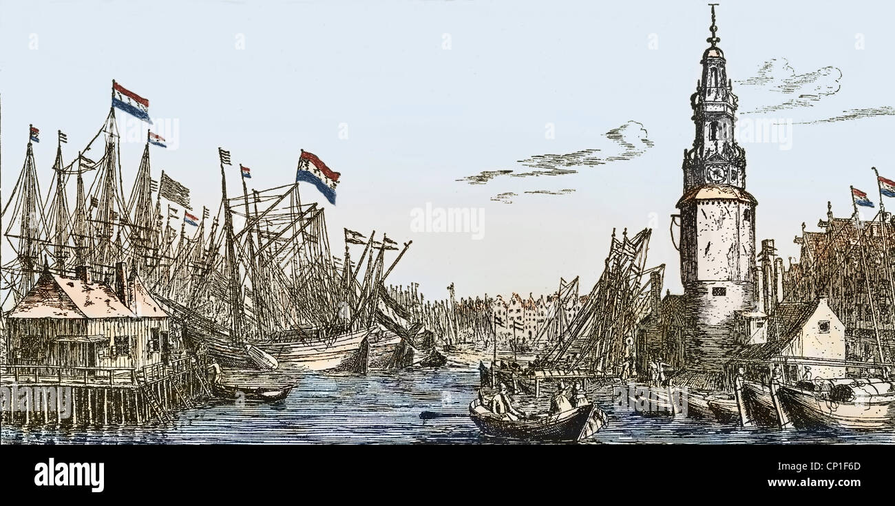 geography / travel, Netherlands, Amsterdam, harbour, herring, herrings fleet anchoring, etching by Wenzel Hollar, coloured, anchored, anchors, 17th century, historic, historical, Hanseatic town, Hanse town, Hansa town, Hanseatic towns, Hanse towns, Hansa towns, member of the Hanseatic League, fishery, fishing, fisheries, industrial fishing, commercial fishing, transport, transportation, navigation, ship, ships, trade, emporium, Central Europe, people, Additional-Rights-Clearences-Not Available Stock Photo