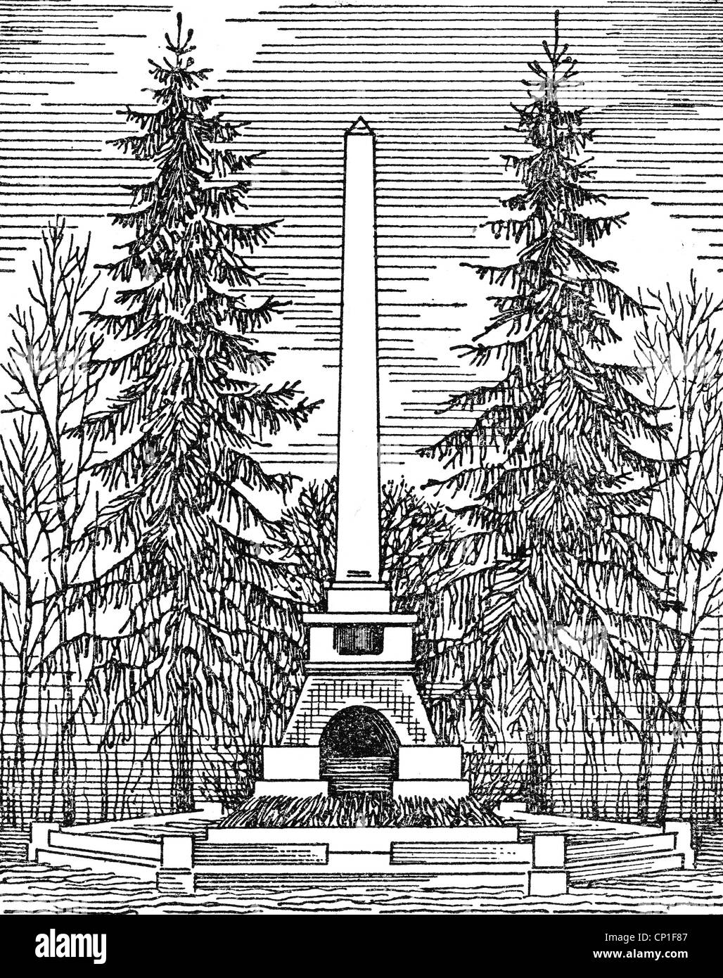 Tsiolkovskii, Konstantin Eduardovich, 17.9.1857 - 19.9.1935, Russian physicist, mathematician, pioneer of the astronautic theory, monument on his grave at Kaluga, Russia, wood engraving, Stock Photo