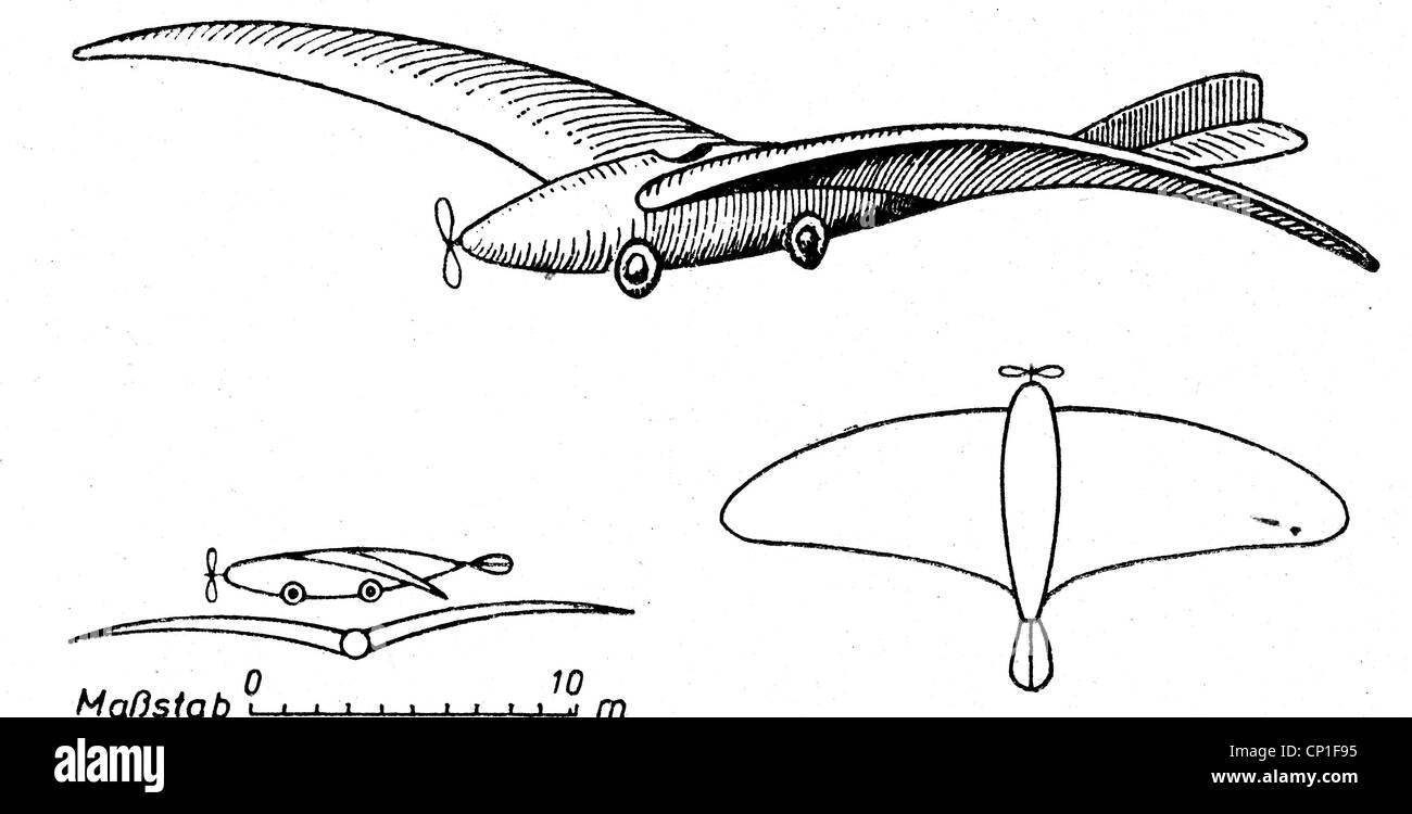 Tsiolkovskii, Konstantin Eduardovich, 17.9.1857 - 19.9.1935, Russian physicist, mathematician, schematic drawing of an aircraft, 1891, Stock Photo