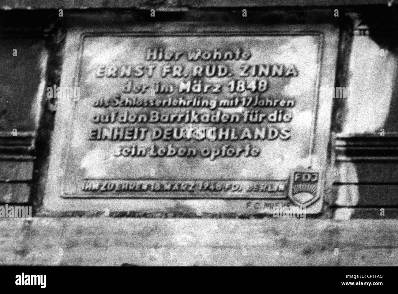 Zinna, Ernst Friedrich Rudolf, 8.9.1830 - 19.3.1848, German trainee mechanic, killed during the Revolution 1848, commemorative plaque, donated on 18.3.1948, Stock Photo