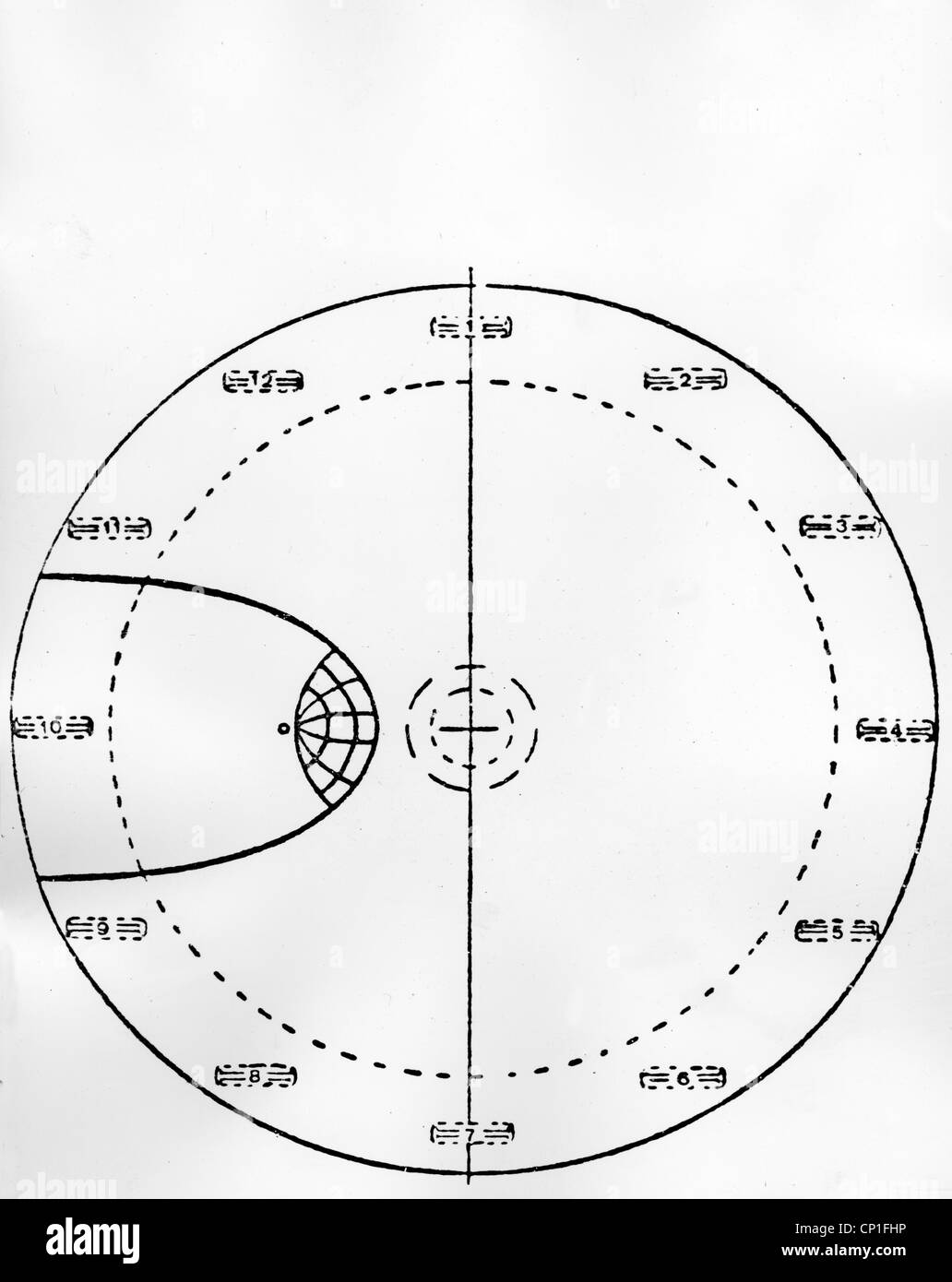 astronautics, UFOs, flying disk, designed by Miethe, top view, drawing, from the book 'Die deutschen Waffen und Geheimwaffen des 2. Weltkrieges und ihre Weiterentwicklung' (The German weapons and secret weapons of World War Two and their further development), by Rudolf Lusar, 2nd edition, J.F. Lehmanns publishing, Munich, Germany, 1958, Additional-Rights-Clearences-Not Available Stock Photo
