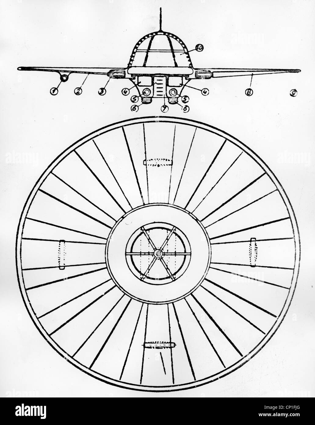 astronautics, UFOs, flying disk, designed by Schriewer, cross section and top view, drawing, from the book 'Die deutschen Waffen und Geheimwaffen des 2. Weltkrieges und ihre Weiterentwicklung' (The German weapons and secret weapons of World War Two and their further development), by Rudolf Lusar, 2nd edition, J.F. Lehmanns publishing, Munich, Germany, 1958, Additional-Rights-Clearences-Not Available Stock Photo