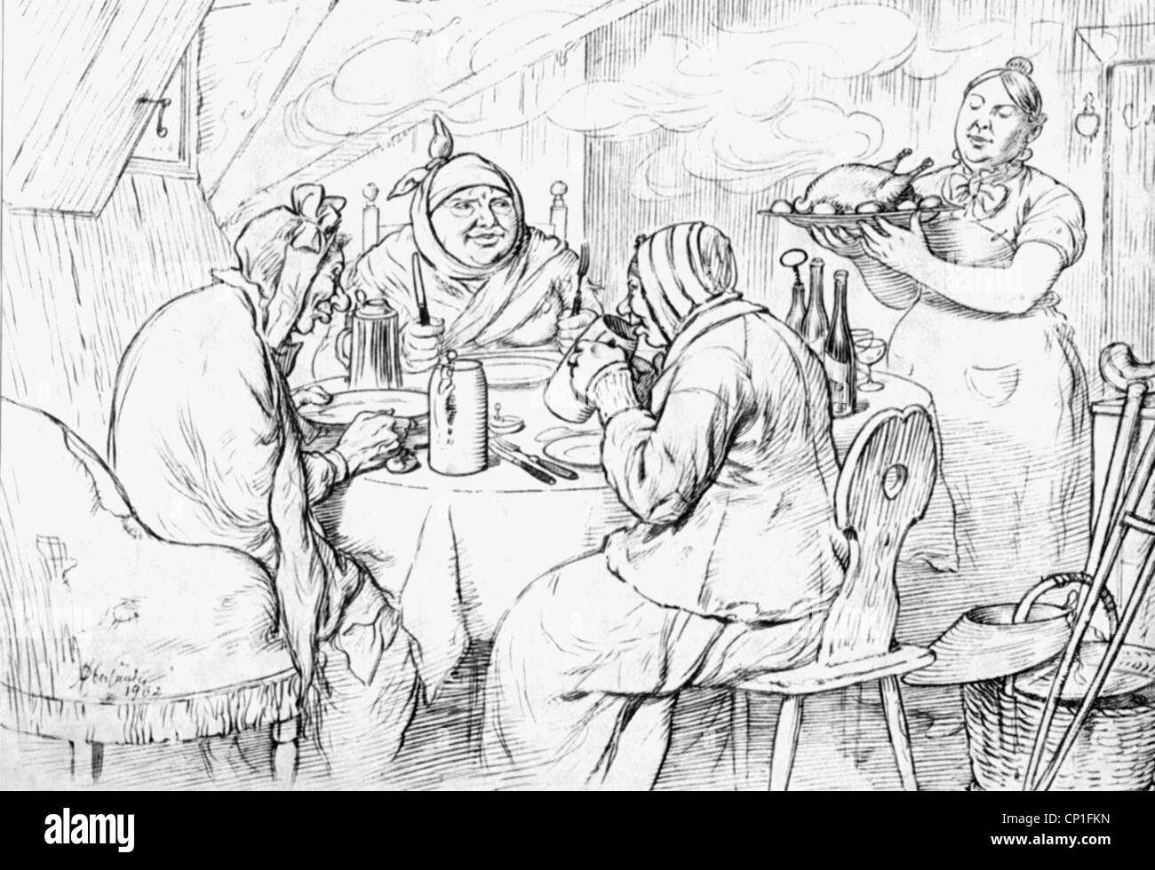 alcohol, beer, caricature, 'The good place', drawing by Adolf Oberländer, circa 1890, Additional-Rights-Clearences-Not Available Stock Photo