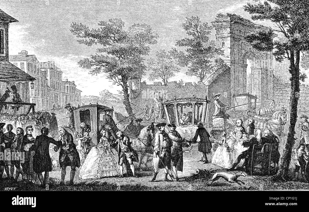 geography / travel, France, people, scene from the times of King Louis XV, copper engraving by Augustin de Saint-Aubin, mid 18th century, Saint Aubin, carriage, nobility, Europe, historic, historical, Artist's Copyright has not to be cleared Stock Photo