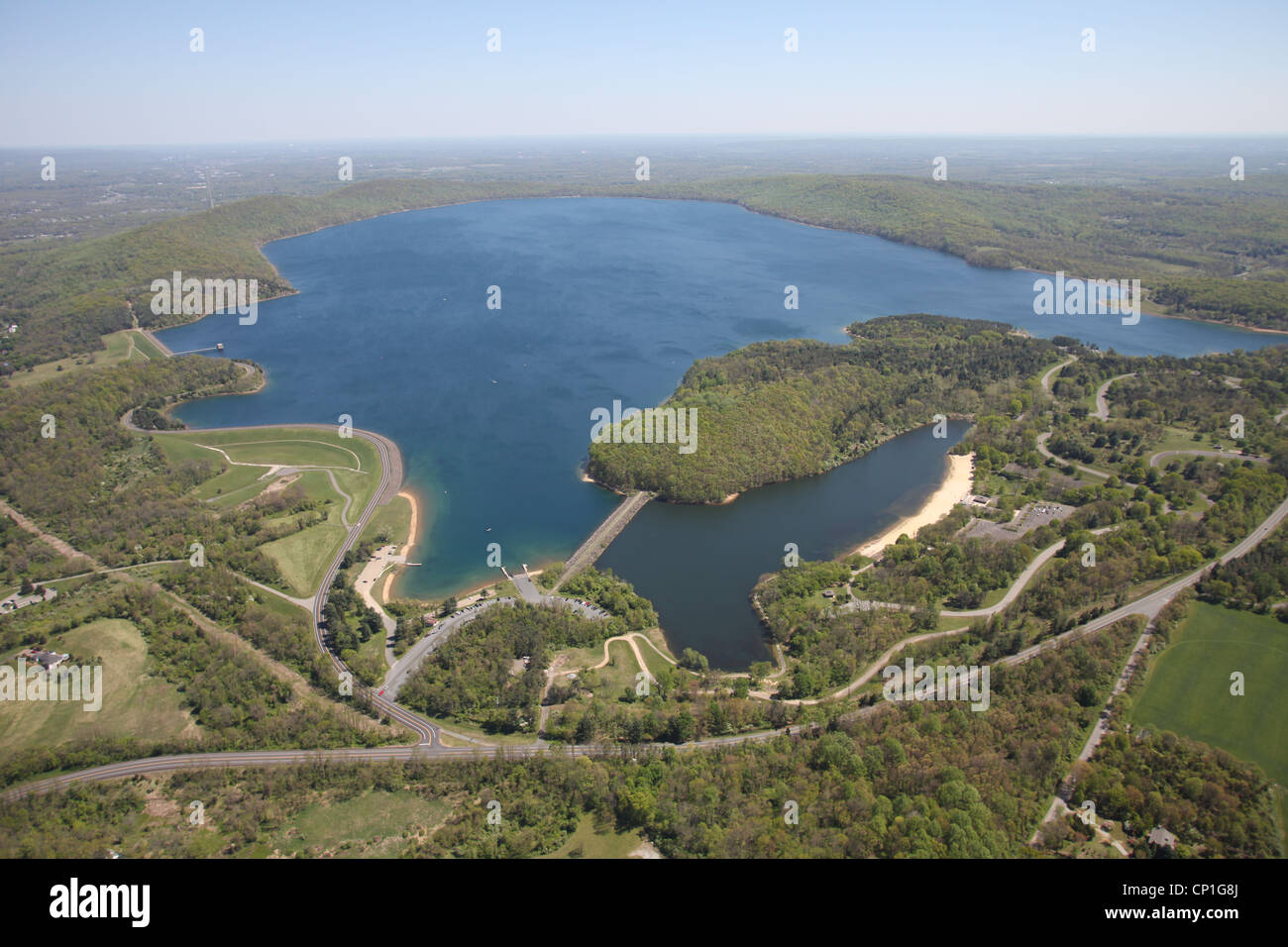 Aerial view of Round Valley State Park and Reservoir in Clinton, New