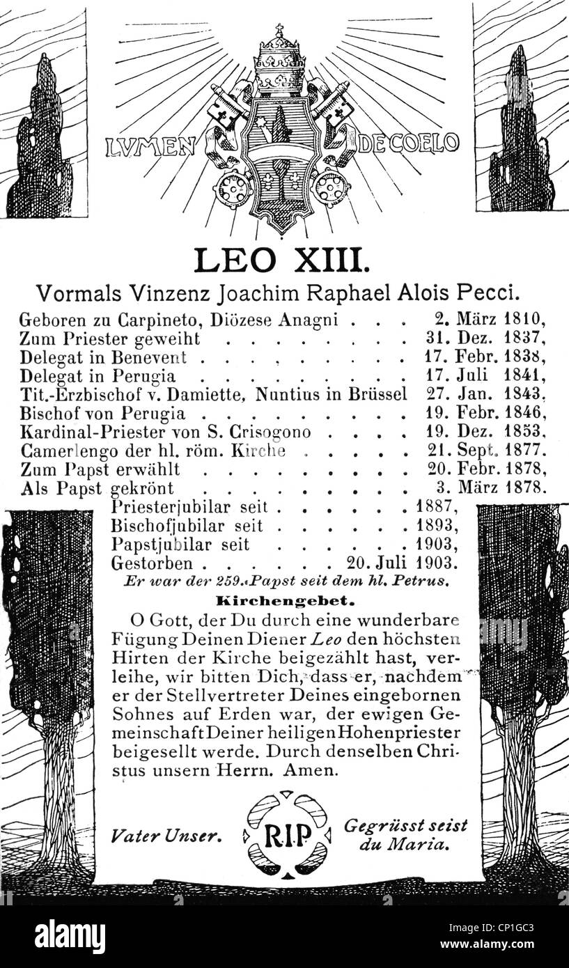Leo XIII (Vincenzo Gioacchino count Pecci), 2.3.1810 - 20.6.1903, Pope 20.2.1878 - 20.6.1903, vita, wood engraving, In Memoriam Card, 1903, , Stock Photo