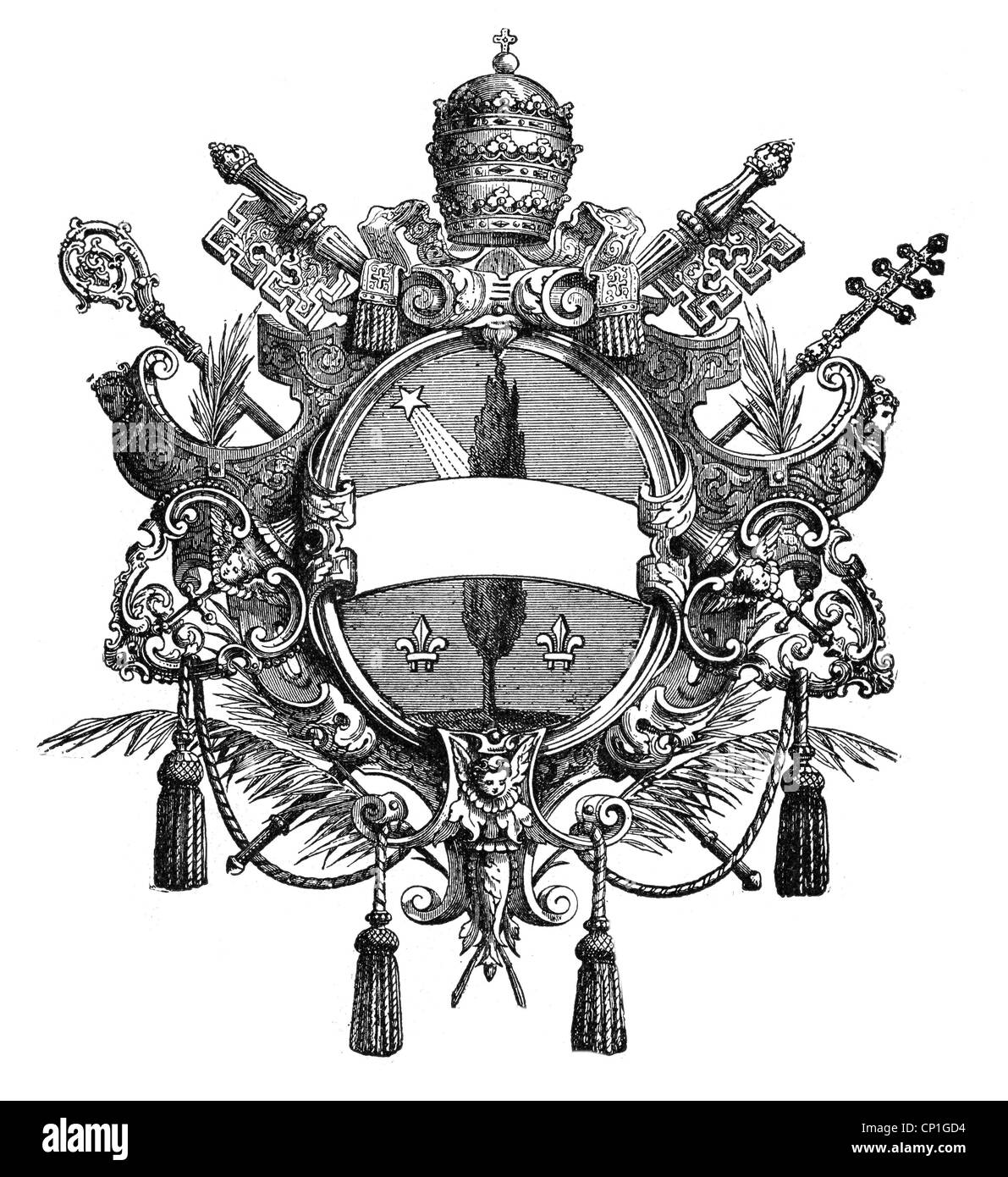 Leo XIII (Vincenzo Gioacchino count Pecci), 2.3.1810 - 20.6.1903, Pope 20.2.1878 - 20.6.1903, his coat of arms, wood engraving, 19th century, , Stock Photo