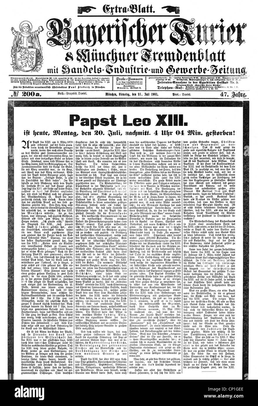press, magazines / journals, 'Bayerischer Kurier und Muenchner Fremdenblatt', volume 47, no. 200 a, Munich, 21.7.1903, special edition, death of Pope Leo XIII., , Additional-Rights-Clearences-Not Available Stock Photo