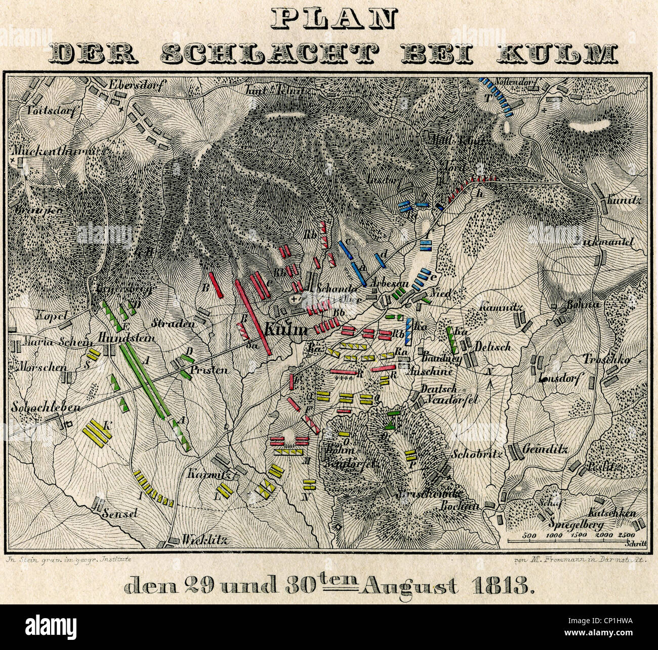 events, War of the Sixth Coalition 1812 - 1814, Battle of Kulm, 29./30.8.1813, map of the battle, coloured wood engraving by F. Frommann, published by G. Westermann, Brunswick, 19th century, Napoleonic Wars, France, Russia, Austria, Bohemia, autumn campaign, Chlumec, plan, historic, historical, Additional-Rights-Clearences-Not Available Stock Photo