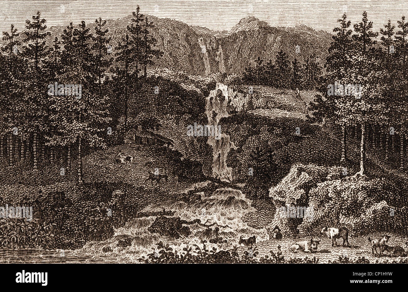 geography / travel, Czechia, landscapes, Giant Mountains, fall of river Aupa into Riesengrund, view, steel engraving by Johann Adolph Darnstedt, early 19th century, Additional-Rights-Clearences-Not Available Stock Photo