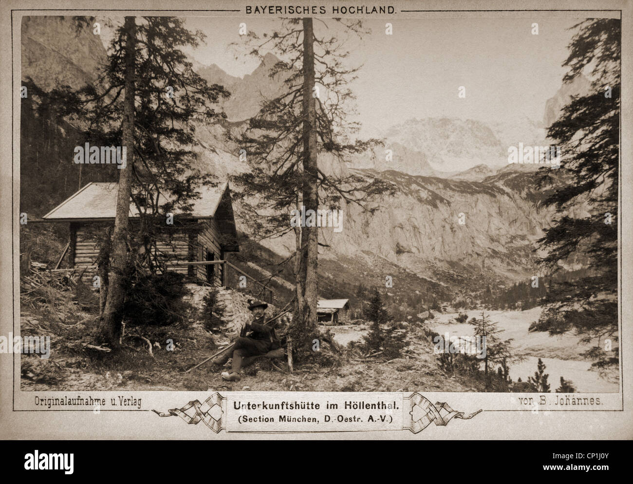 geography / travel, Germany, landscapes, Upper Bavaria, Hoellental (Hell Valley), Wetterstein mountains, mountain cabin of the German and Austrian Alpine Club, view, cabinet card by  B. Johannes, Partenkirchen, circa 1890, Additional-Rights-Clearences-Not Available Stock Photo