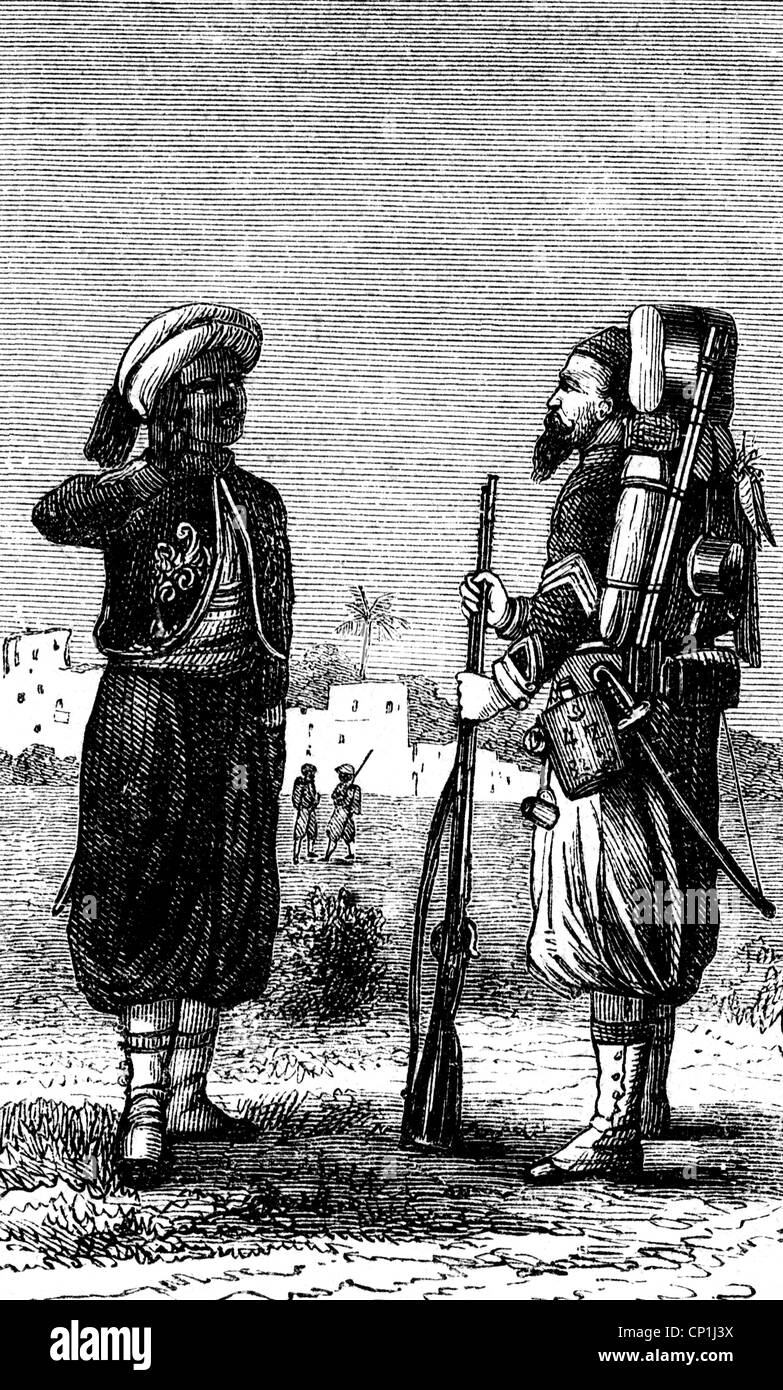 military, France, colonial troops, Turko and Zouave NCO, wood engraving, 19th century, infantry, North Africa, algeria, soldiers, Sergeant, historic, historical, people, Additional-Rights-Clearences-Not Available Stock Photo