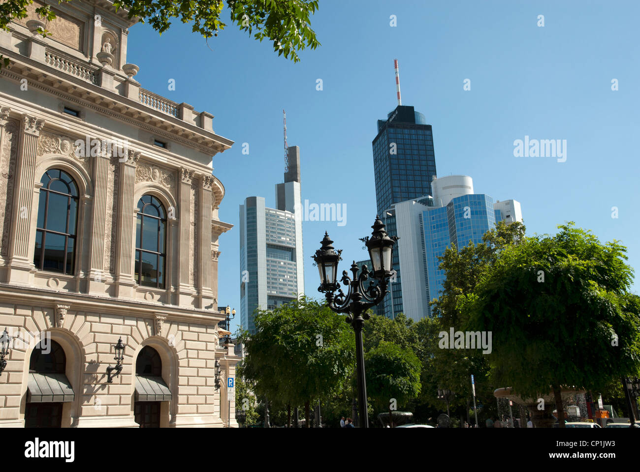 View from 'Alte Oper' to Commerzbank building and Main Tower in Frankfurt, Germany Stock Photo