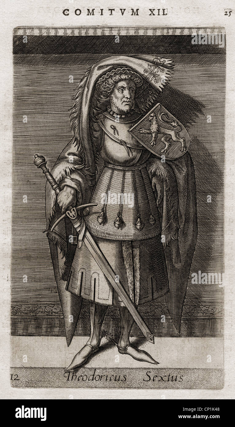 Dirk VI, 1110 - 6.8.1157, Count of Holland 2.3.1121 - 5.8.1157, full length, copper engraving, Hadrian Barland: 'De rebus gestis comitum Hollandiae ae libellus', 16th century, Artist's Copyright has not to be cleared Stock Photo