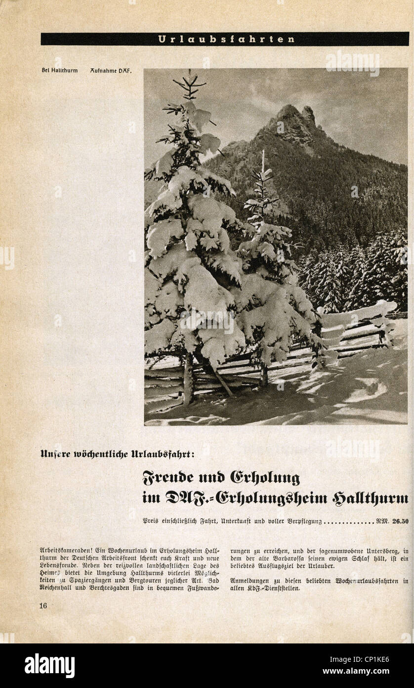 Nazism / National Socialism, organisations, 'Kraft durch Freude' ('Strength through Joy', KdF), journeys, advert, hollidays at Hallthurm, Upper Bavaria, magazine of Gau Munich Upper Bavaria, March 1938, Additional-Rights-Clearences-Not Available Stock Photo