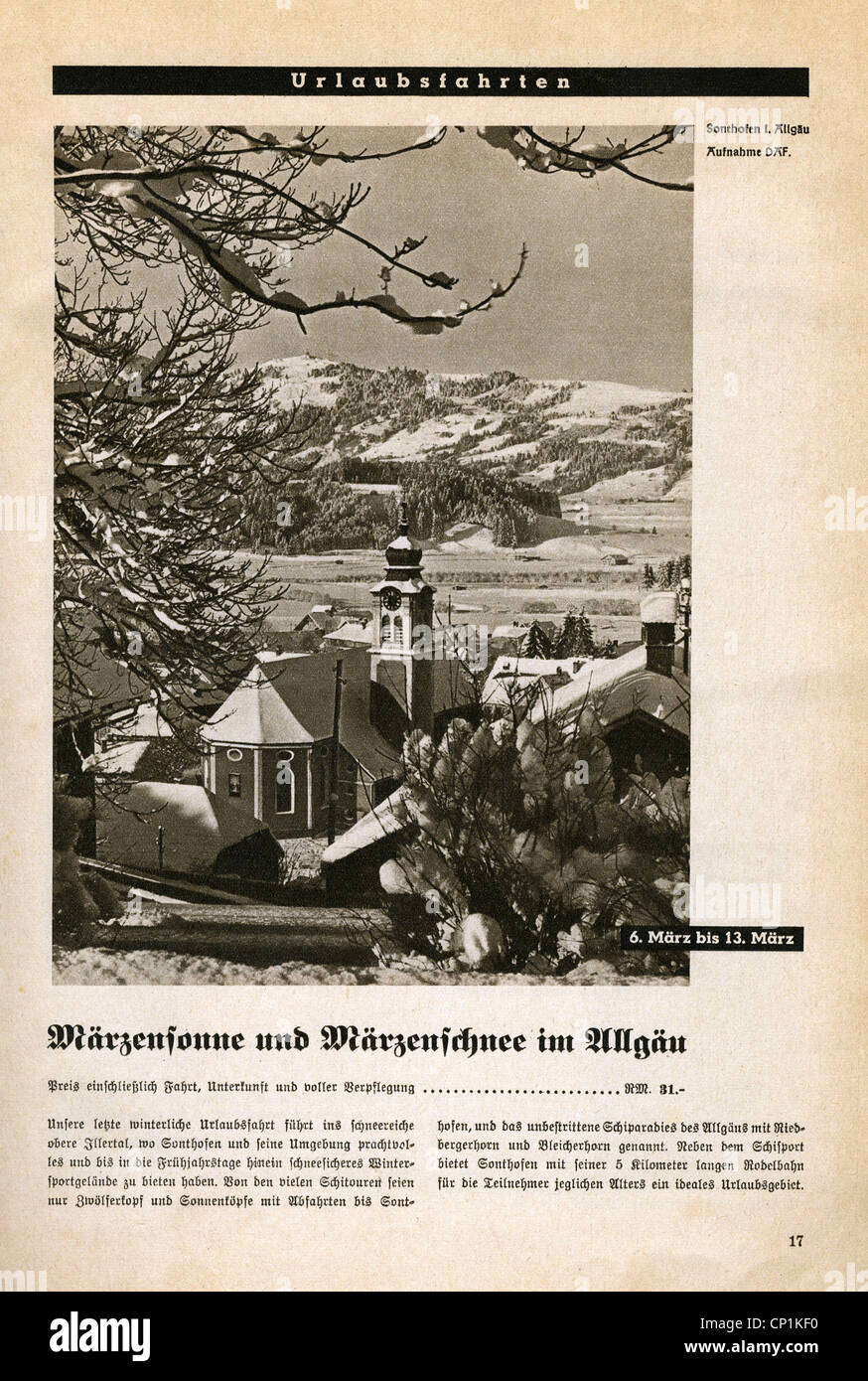 Nazism / National Socialism, organisations, 'Kraft durch Freude' ('Strength through Joy', KdF), journeys, advert, hollidays in the Allgaeu, Swabia, magazine of Gau Munich Upper Bavaria, March 1938, Additional-Rights-Clearences-Not Available Stock Photo