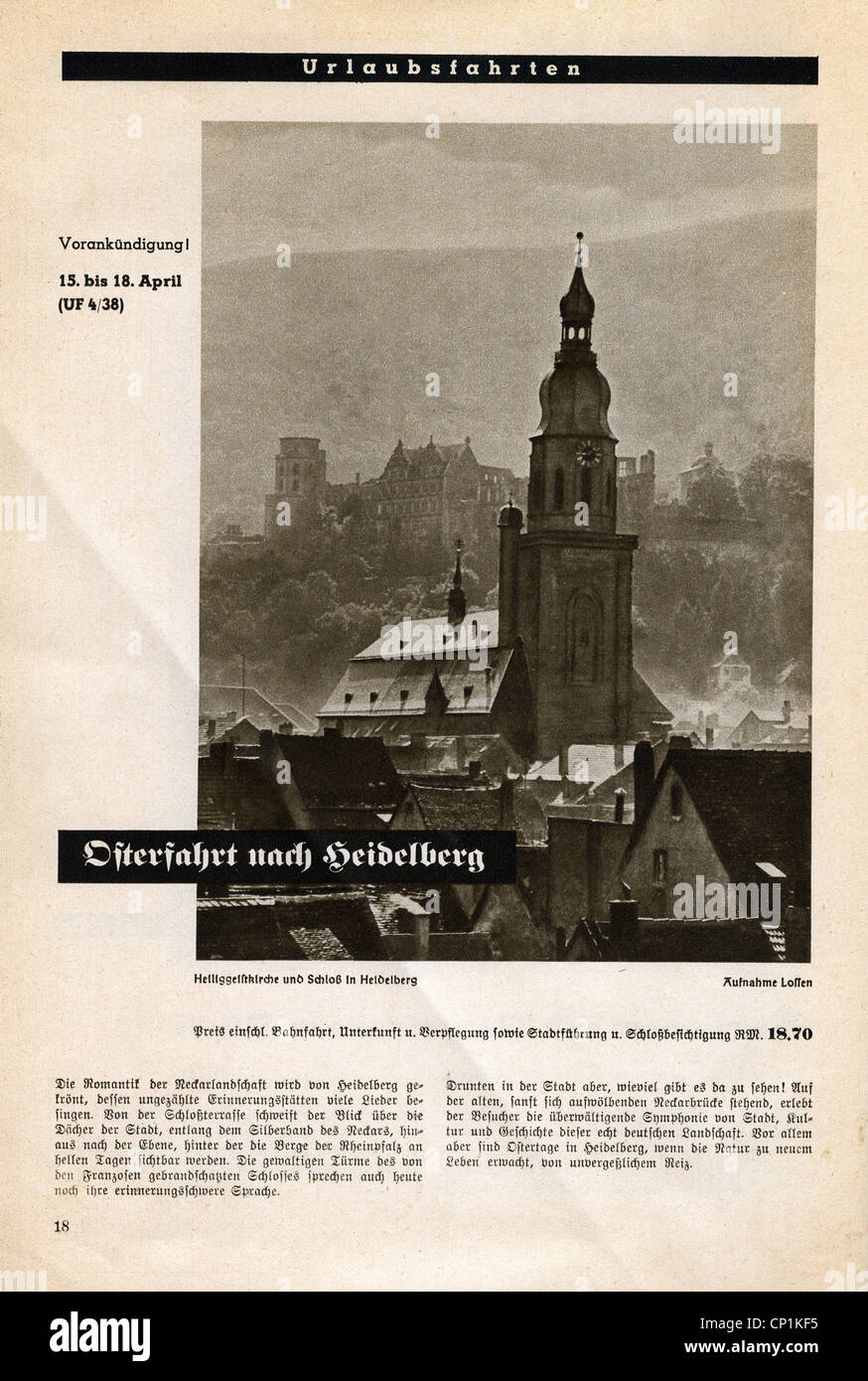 Nazism / National Socialism, organisations, 'Kraft durch Freude' ('Strength through Joy', KdF), journeys, advert, easter ride to Heidelberg, magazine of Gau Munich Upper Bavaria, March 1938, Additional-Rights-Clearences-Not Available Stock Photo