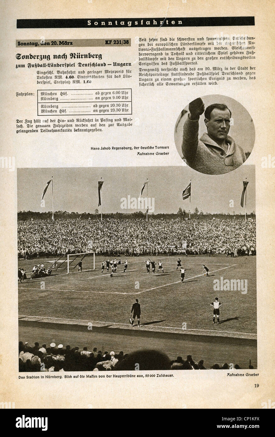 Nazism / National Socialism, organisations, 'Kraft durch Freude' ('Strength through Joy', KdF), journeys, advert, Sunday ride to football game Germany - Hungary at Nuremberg, magazine of Gau Munich Upper Bavaria, March 1938, Additional-Rights-Clearences-Not Available Stock Photo
