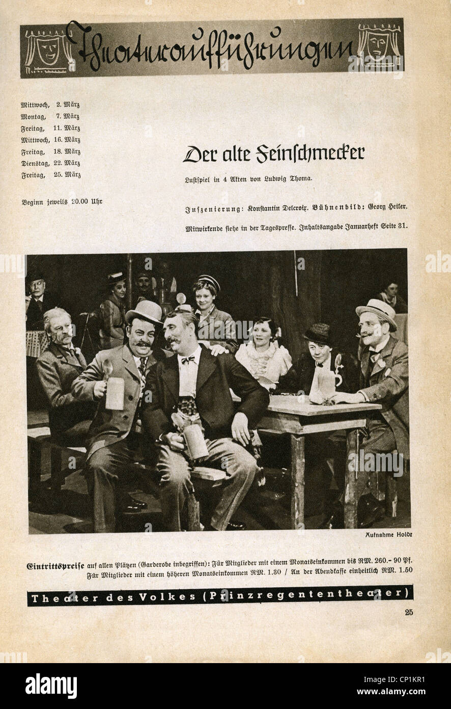 Nazism / National Socialism, organisations, 'Kraft durch Freude' ('Strength through Joy', KdF), theatre perfomances, 'Der alte Feinschmecker' ('The Old Gourmet') by Ludwig Thoma, Theater des Volkes (Prinzregententheater), Munich, advert, magazine of Gau Munich Upper Bavaria, March 1938, Additional-Rights-Clearences-Not Available Stock Photo