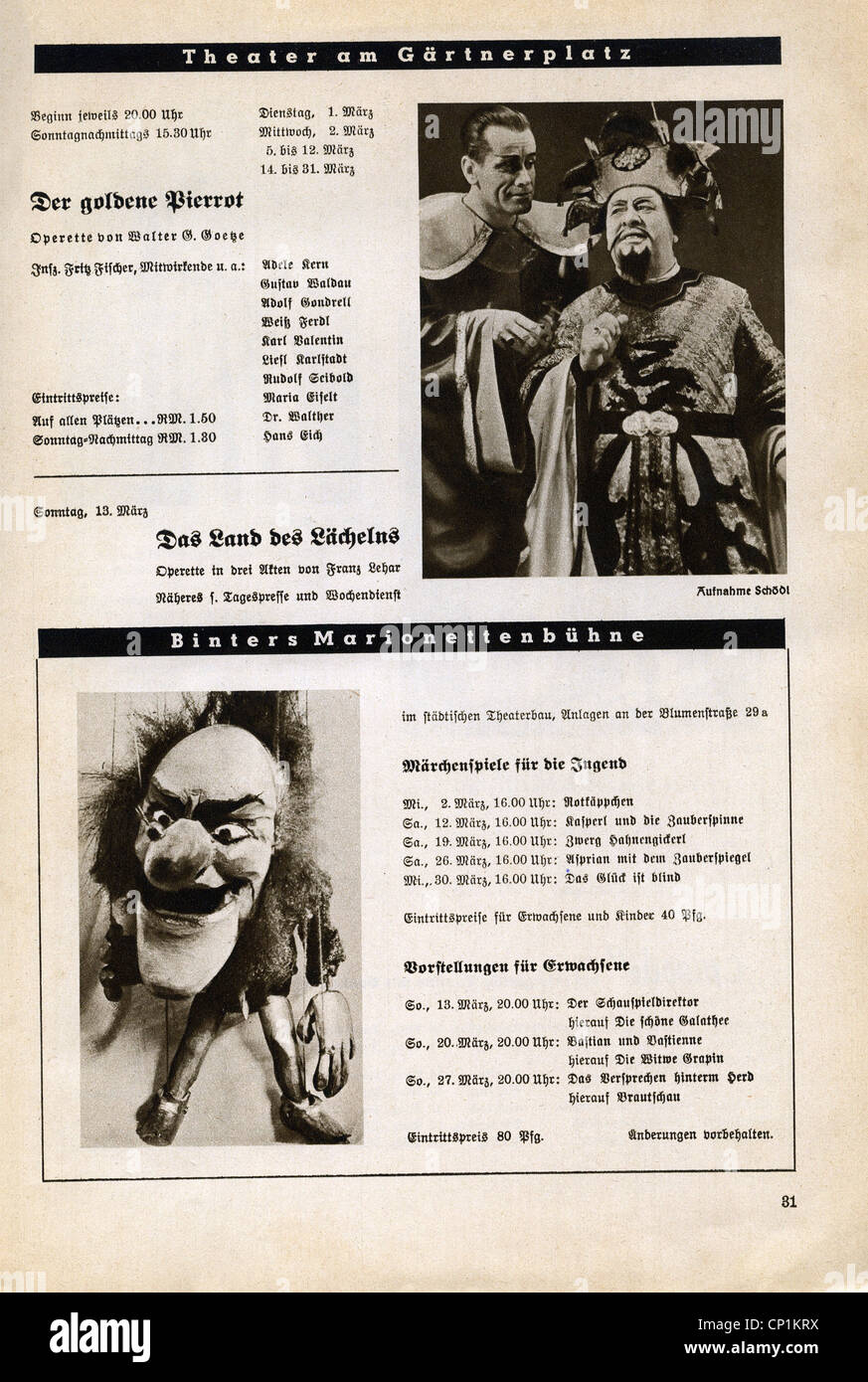 Nazism / National Socialism, organisations, 'Kraft durch Freude' ('Strength through Joy', KdF), theatre perfomances, Nationaltheater, Munich, advert, magazine of Gau Munich Upper Bavaria, March 1938, Additional-Rights-Clearences-Not Available Stock Photo