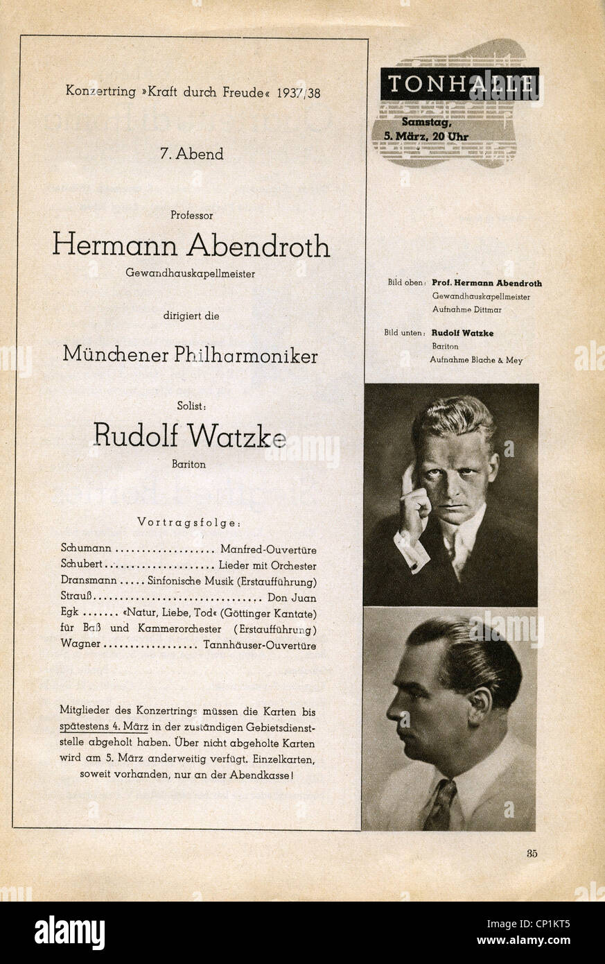 Nazism / National Socialism, organisations, 'Kraft durch Freude' ('Strength through Joy', KdF), concerts, Munich Philharmonics, conductor Hermann Abendroth, Tonhalle, Munich, advert, magazine of Gau Munich Upper Bavaria, March 1938, Additional-Rights-Clearences-Not Available Stock Photo