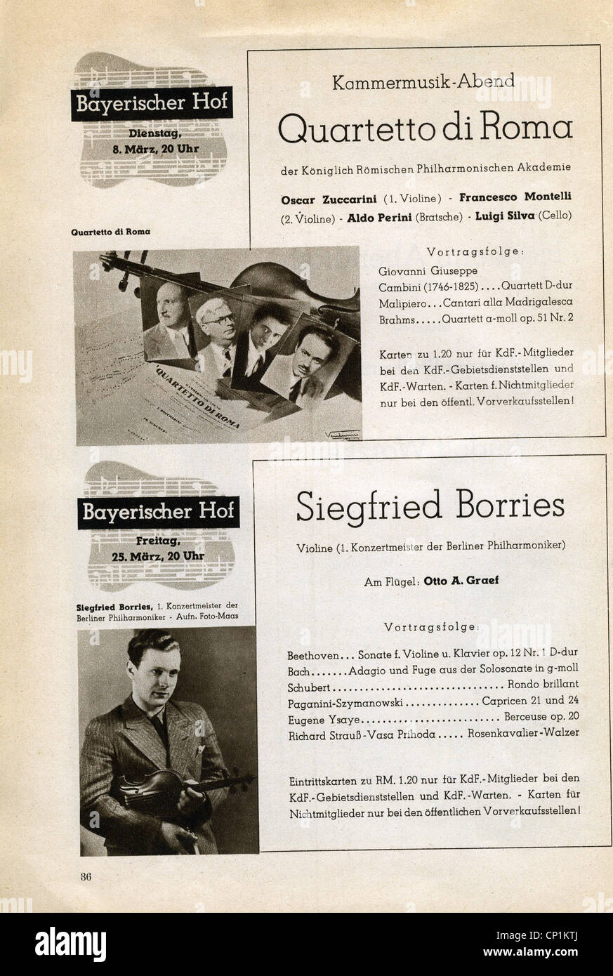 Nazism / National Socialism, organisations, 'Kraft durch Freude' ('Strength through Joy', KdF), concerts, chamber music, Quartetto die Roma and Siegfried Borries, Hotel , Additional-Rights-Clearences-Not Available Stock Photo
