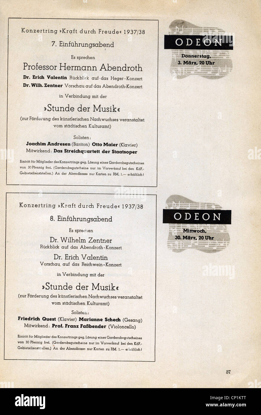 Nazism / National Socialism, organisations, 'Kraft durch Freude' ('Strength through Joy', KdF), concerts, concert circle 'Kraft durch Freude', 1937/1938, 7th and 8th introduction evening, Odeon, Munich, advert, magazine of Gau Munich Upper Bavaria, March 1938, Additional-Rights-Clearences-Not Available Stock Photo