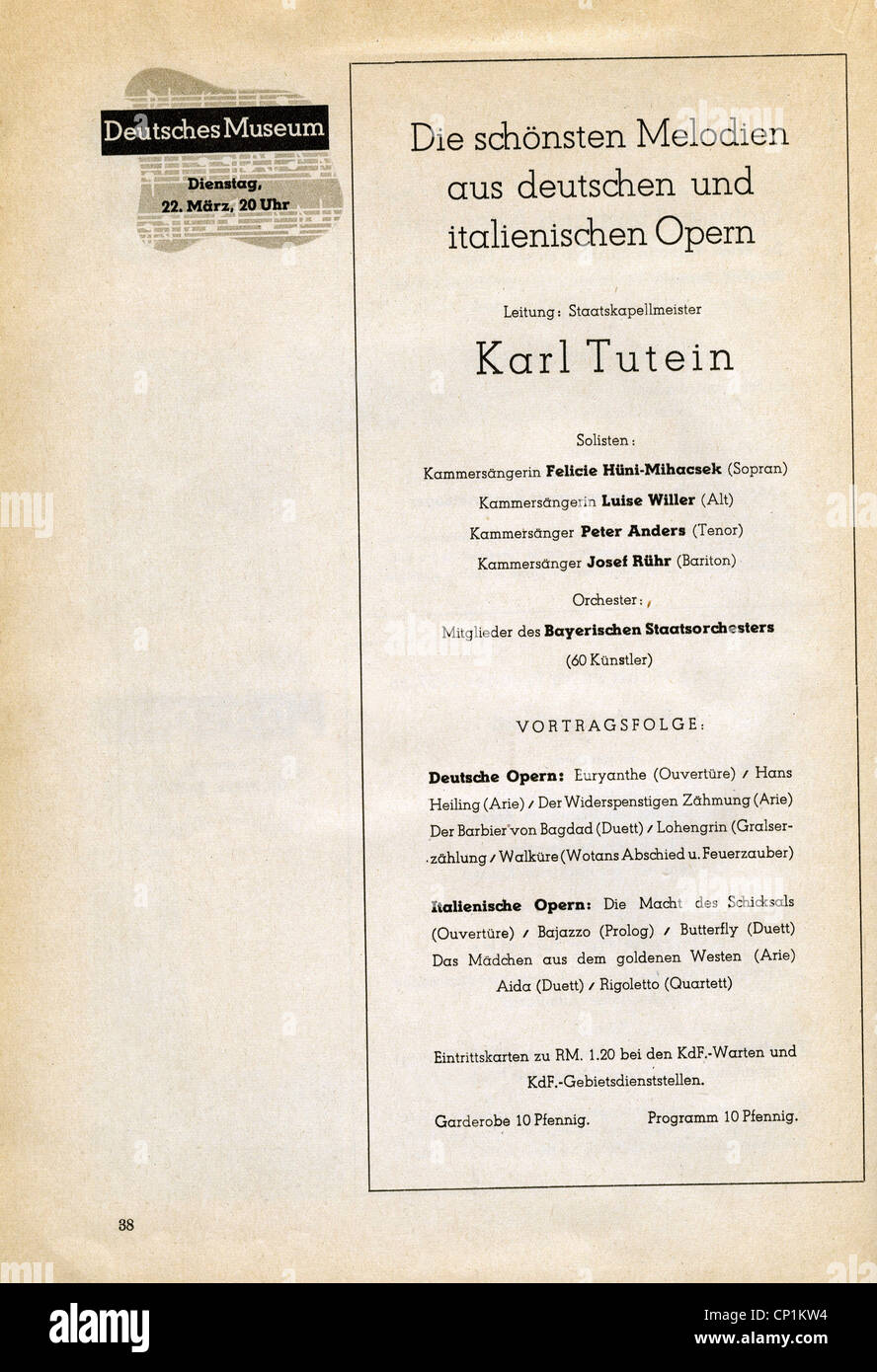 Nazism / National Socialism, organisations, 'Kraft durch Freude' ('Strength through Joy', KdF), concerts, chamber music, conductor Karl Tutein, Munich, advert, magazine of Gau Munich Upper Bavaria, March 1938, Additional-Rights-Clearences-Not Available Stock Photo