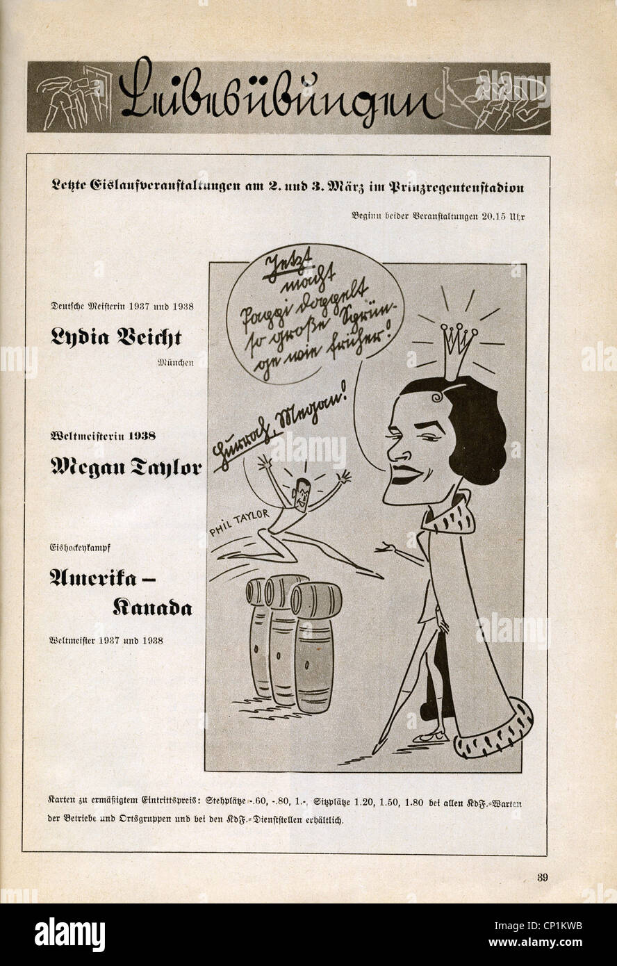 Nazism / National Socialism, organisations, 'Kraft durch Freude' ('Strength through Joy', KdF), sport, ice skating with Lydia Beicht and Megan Taylor, hockey game USA - Canada, Prinzregentenstadion, Munich, advert, magazine of Gau Munich Upper Bavaria, March 1938, Additional-Rights-Clearences-Not Available Stock Photo