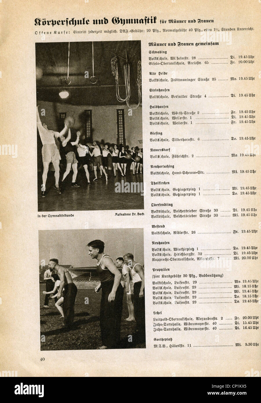 Nazism / National Socialism, organisations, 'Kraft durch Freude' ('Strength through Joy', KdF), sport, curses for bodybuilding ang gymnastics, advert, magazine of Gau Munich Upper Bavaria, March 1938, Additional-Rights-Clearences-Not Available Stock Photo