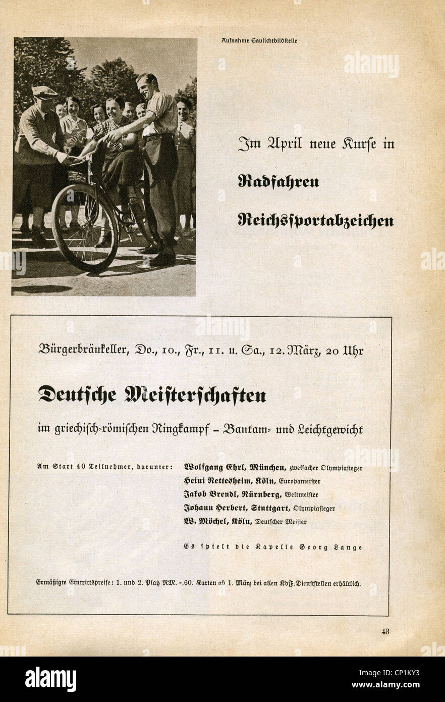 Nazism / National Socialism, organisations, 'Kraft durch Freude' ('Strength through Joy', KdF), sport, above: curses in cycling, below: German wrestling championship, advert, magazine of Gau Munich Upper Bavaria, March 1938, Additional-Rights-Clearences-Not Available Stock Photo