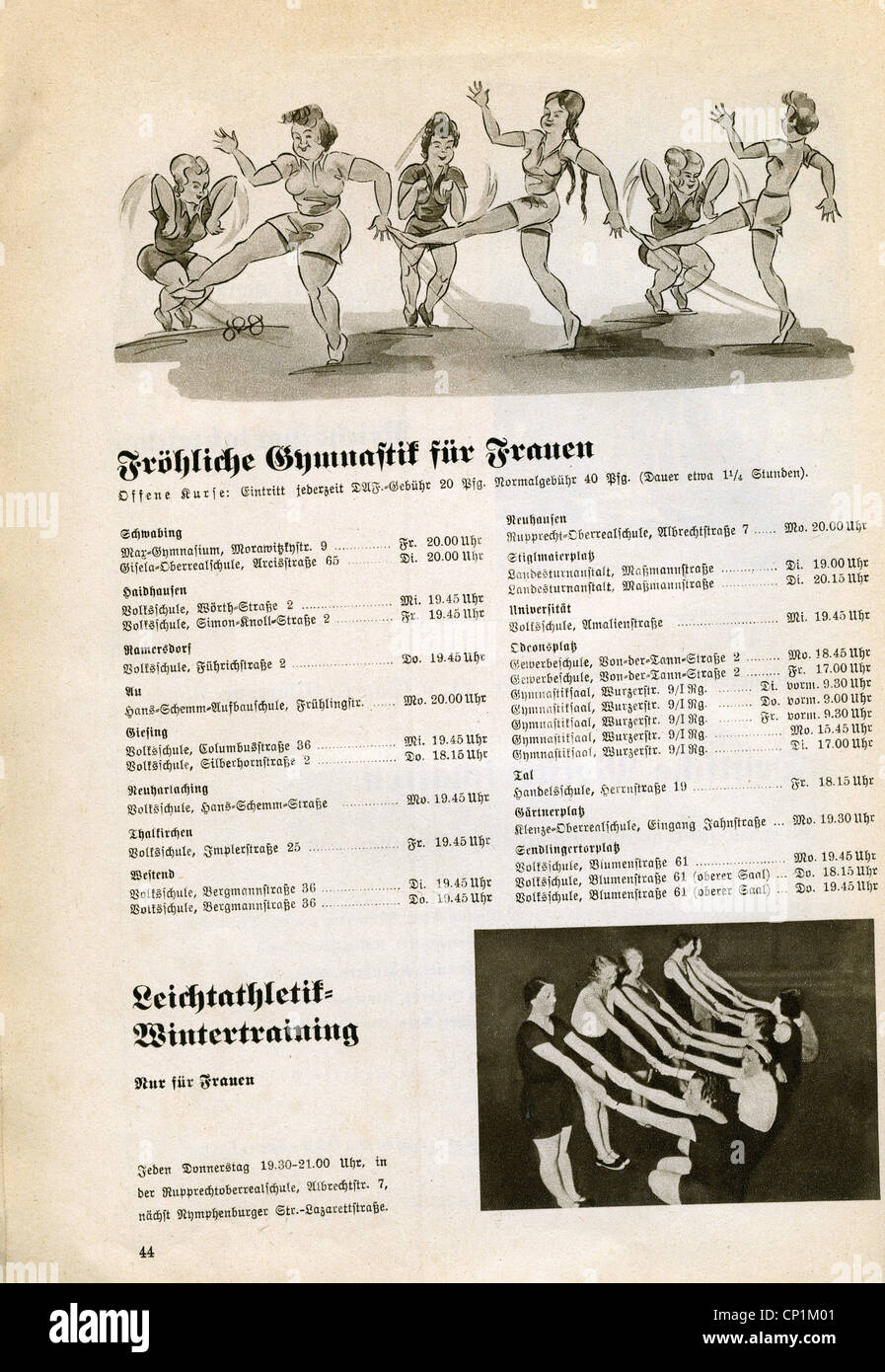 Nazism / National Socialism, organisations, 'Kraft durch Freude' ('Strength through Joy', KdF), sport, gymnastics for women, advert, magazine of Gau Munich Upper Bavaria, March 1938, Additional-Rights-Clearences-Not Available Stock Photo